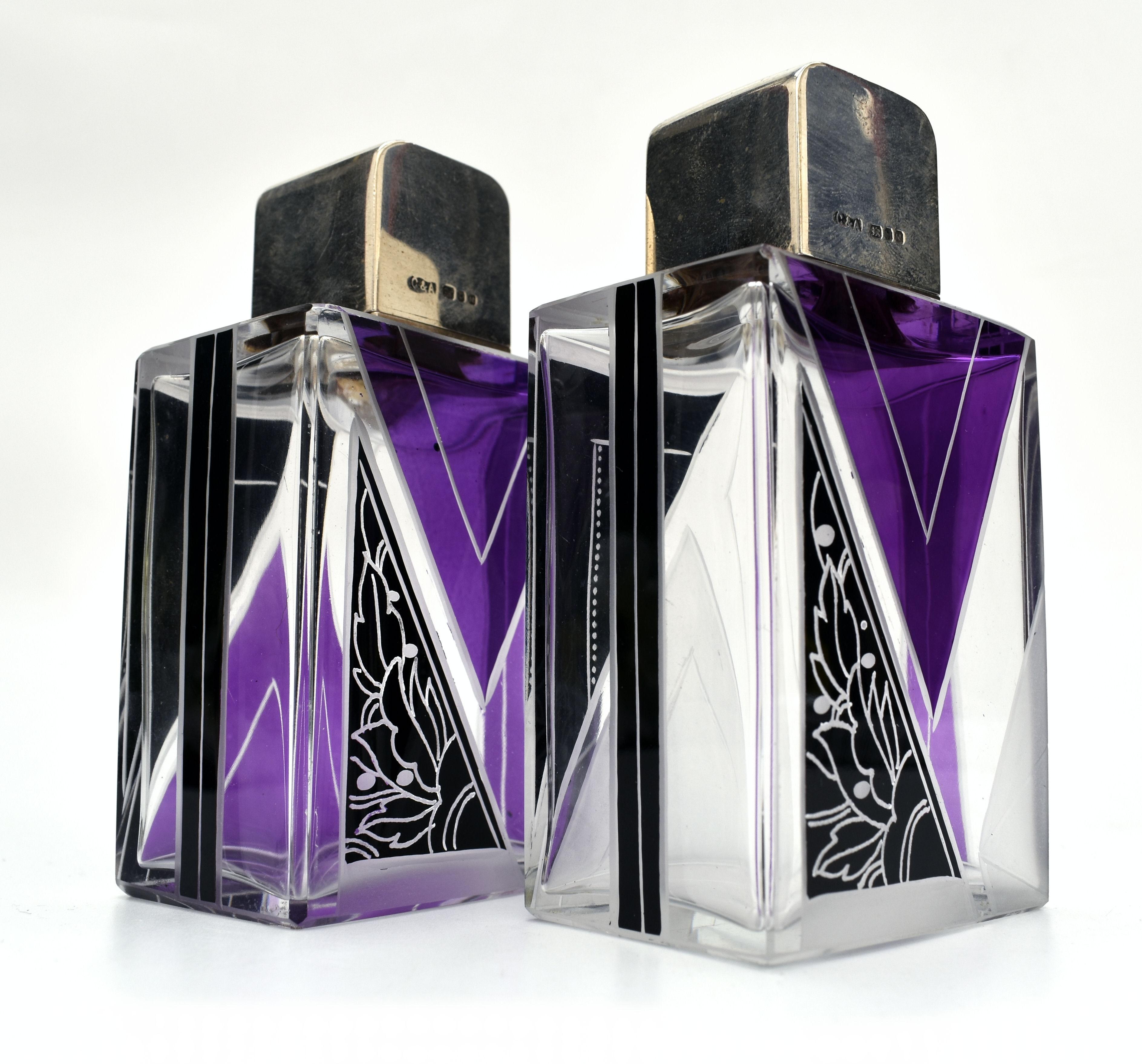 Art Deco Matching Gents Glass and Silver Cologne Bottles, circa 1930 In Good Condition In Devon, England