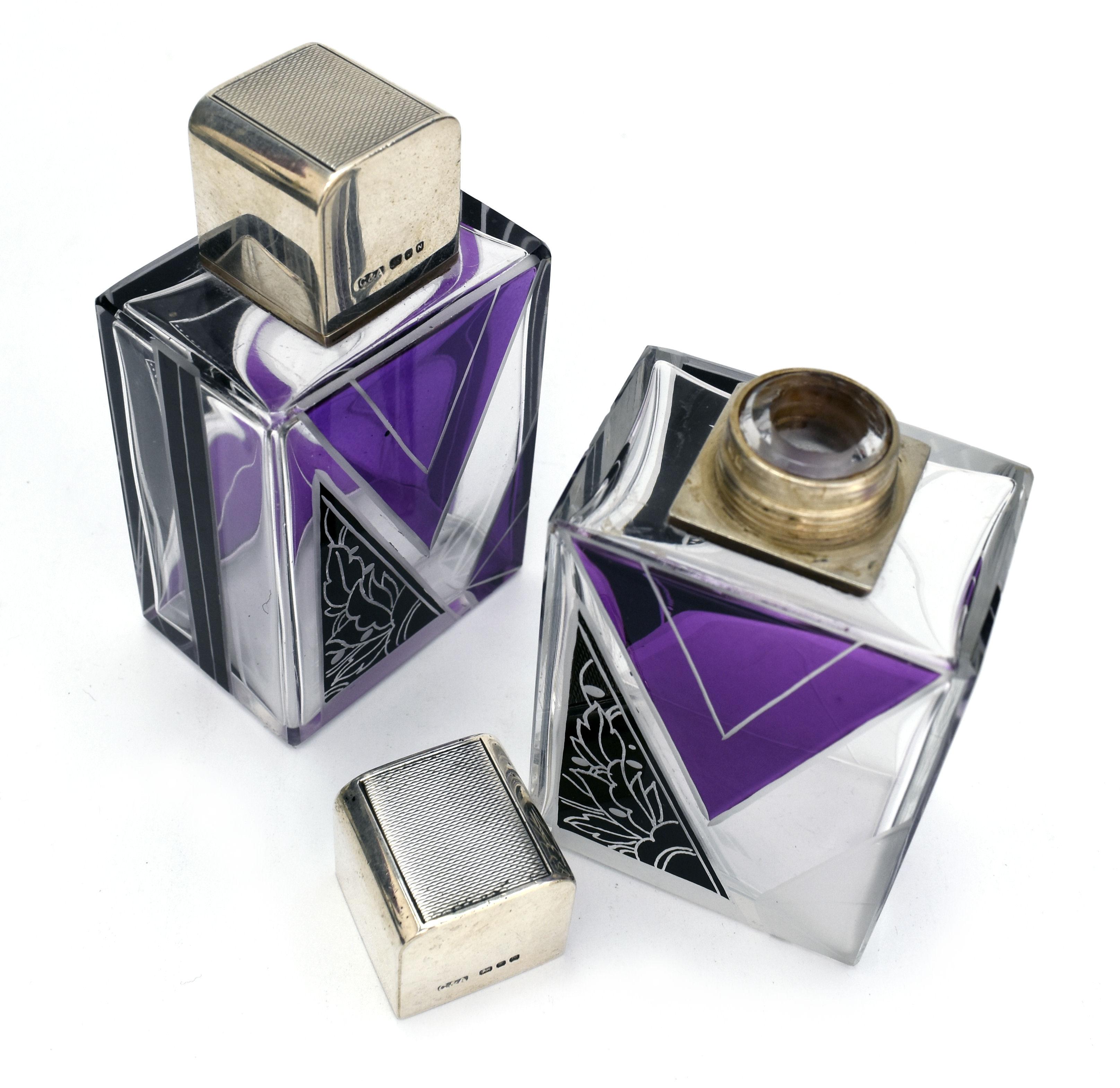 20th Century Art Deco Matching Gents Glass and Silver Cologne Bottles, circa 1930