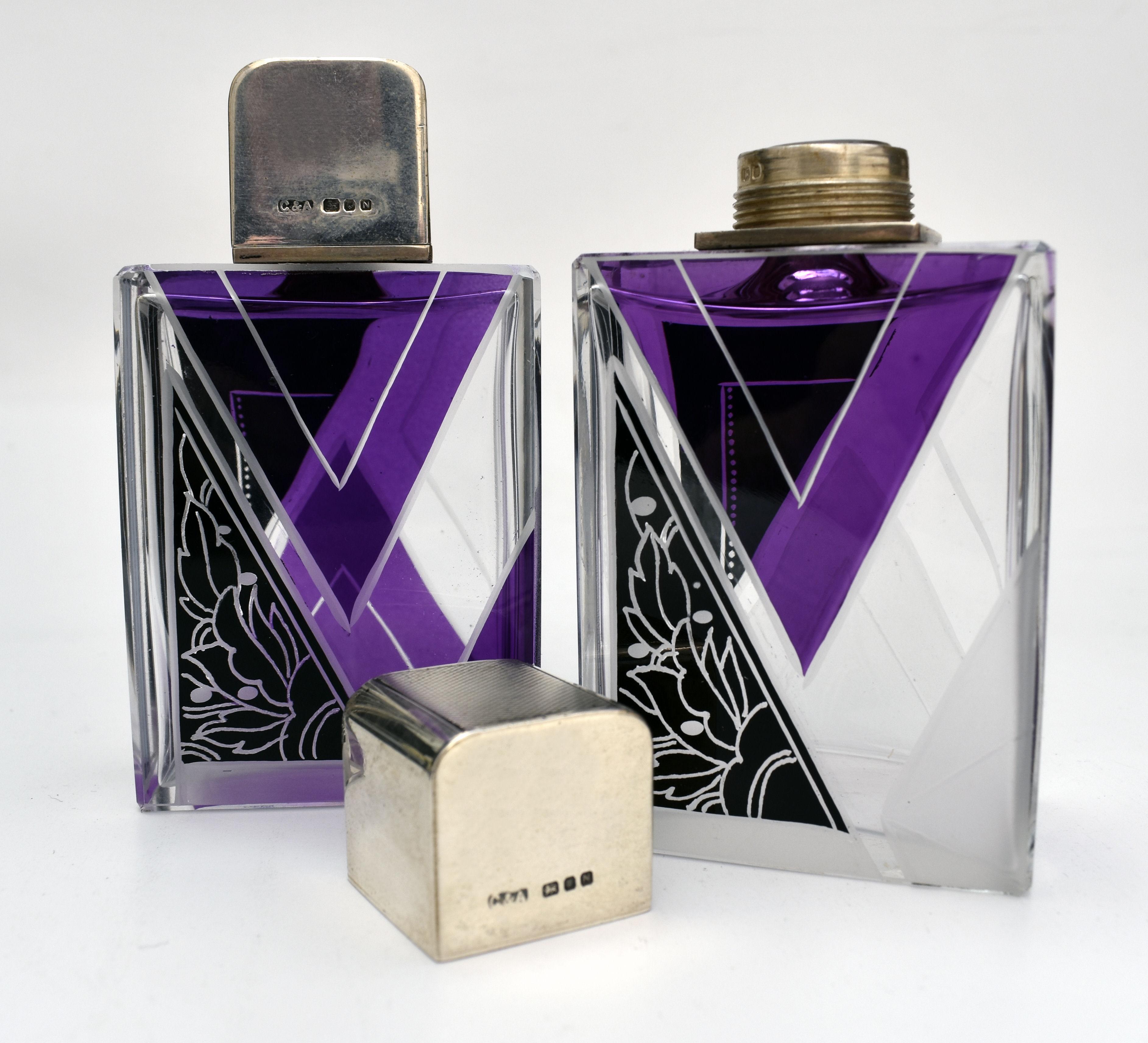 Sterling Silver Art Deco Matching Gents Glass and Silver Cologne Bottles, circa 1930
