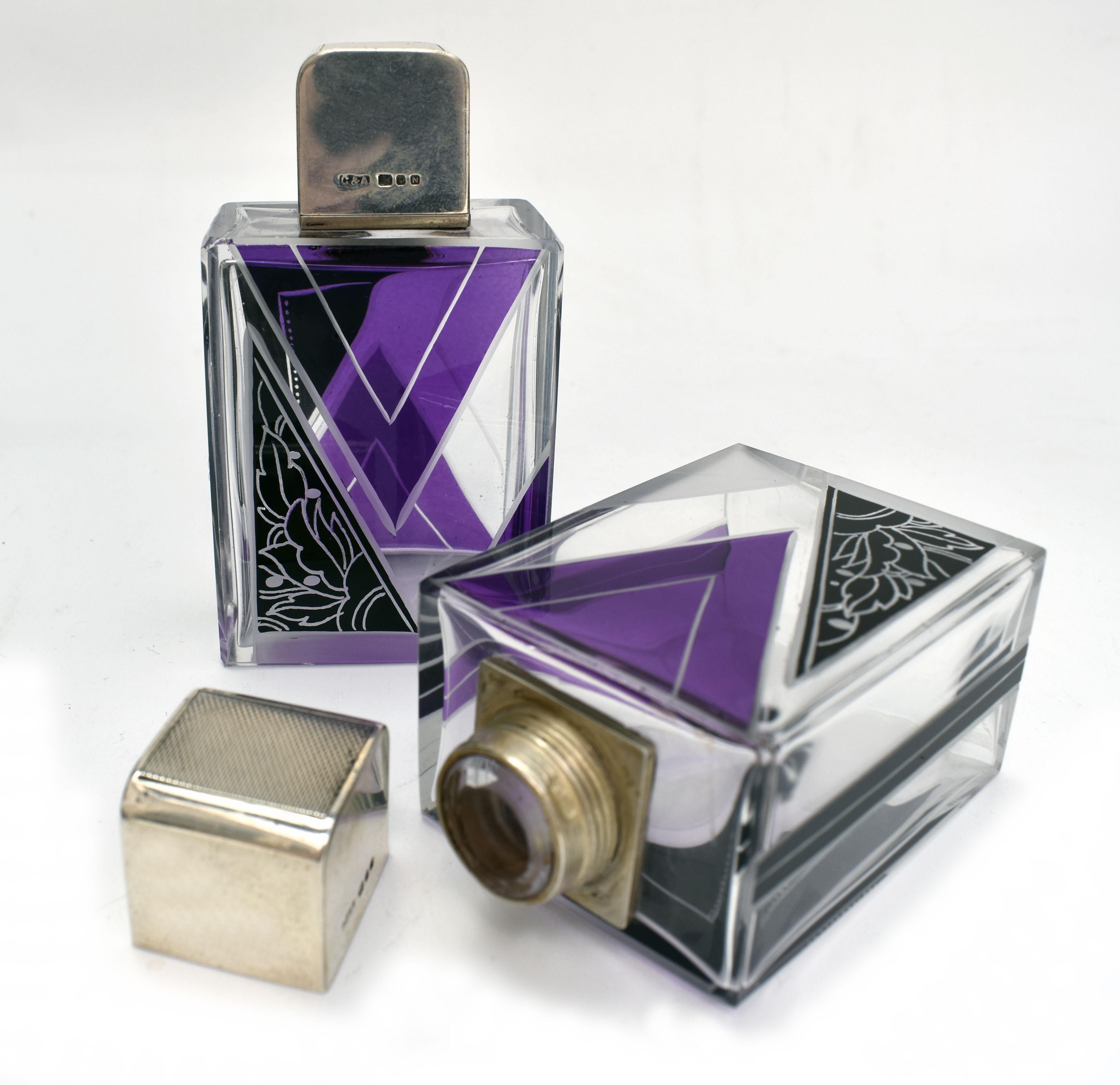 Art Deco Matching Gents Glass and Silver Cologne Bottles, circa 1930 2