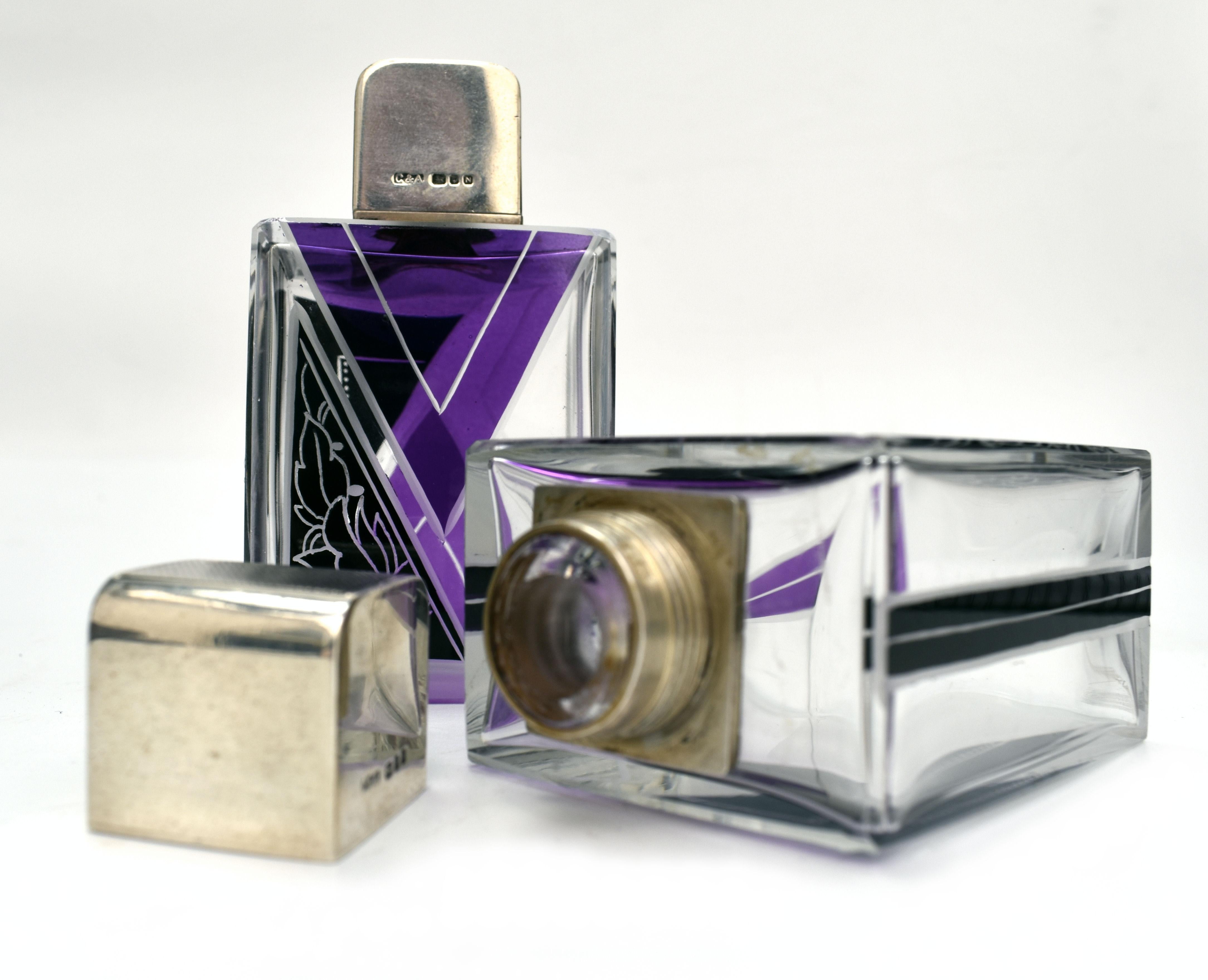 Art Deco Matching Gents Glass and Silver Cologne Bottles, circa 1930 3