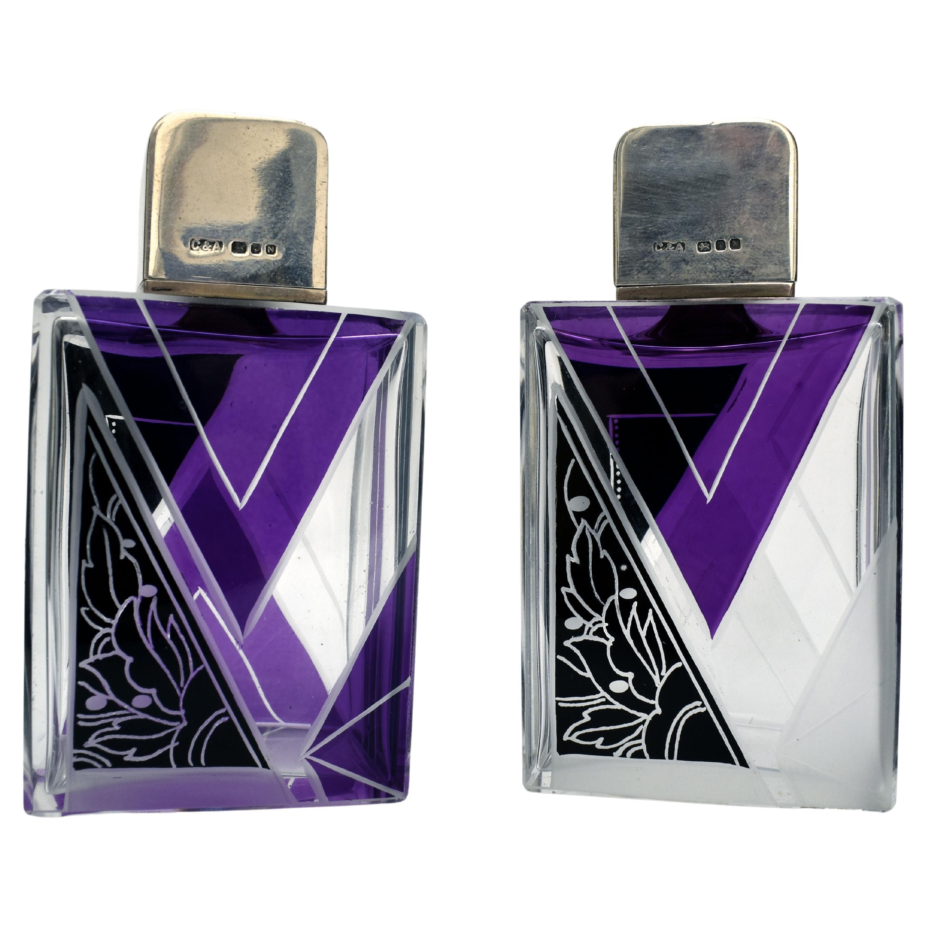 Art Deco Matching Gents Glass and Silver Cologne Bottles, circa 1930