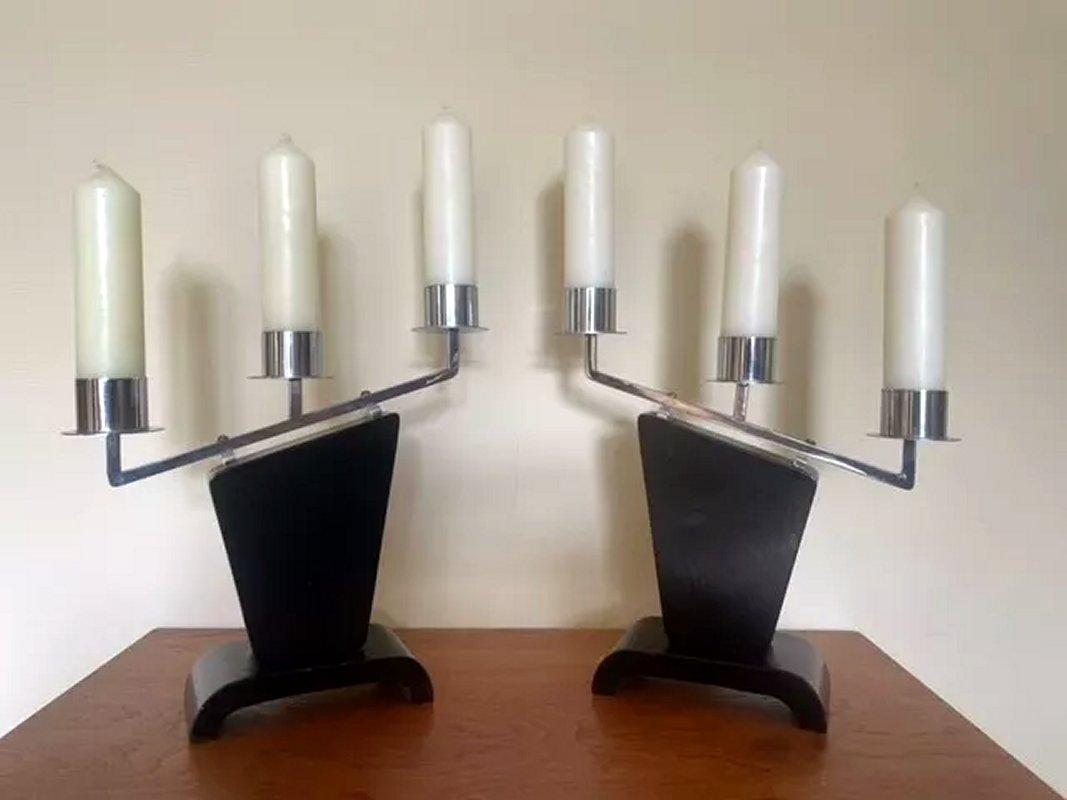 Pareja Art Decó Candelabros Escalonados 1930 Moderne Cromo en venta
