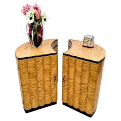 Art Deco Matching Pair of Bedside Nightstands, Cabinets in Blonde Maple, c1930s