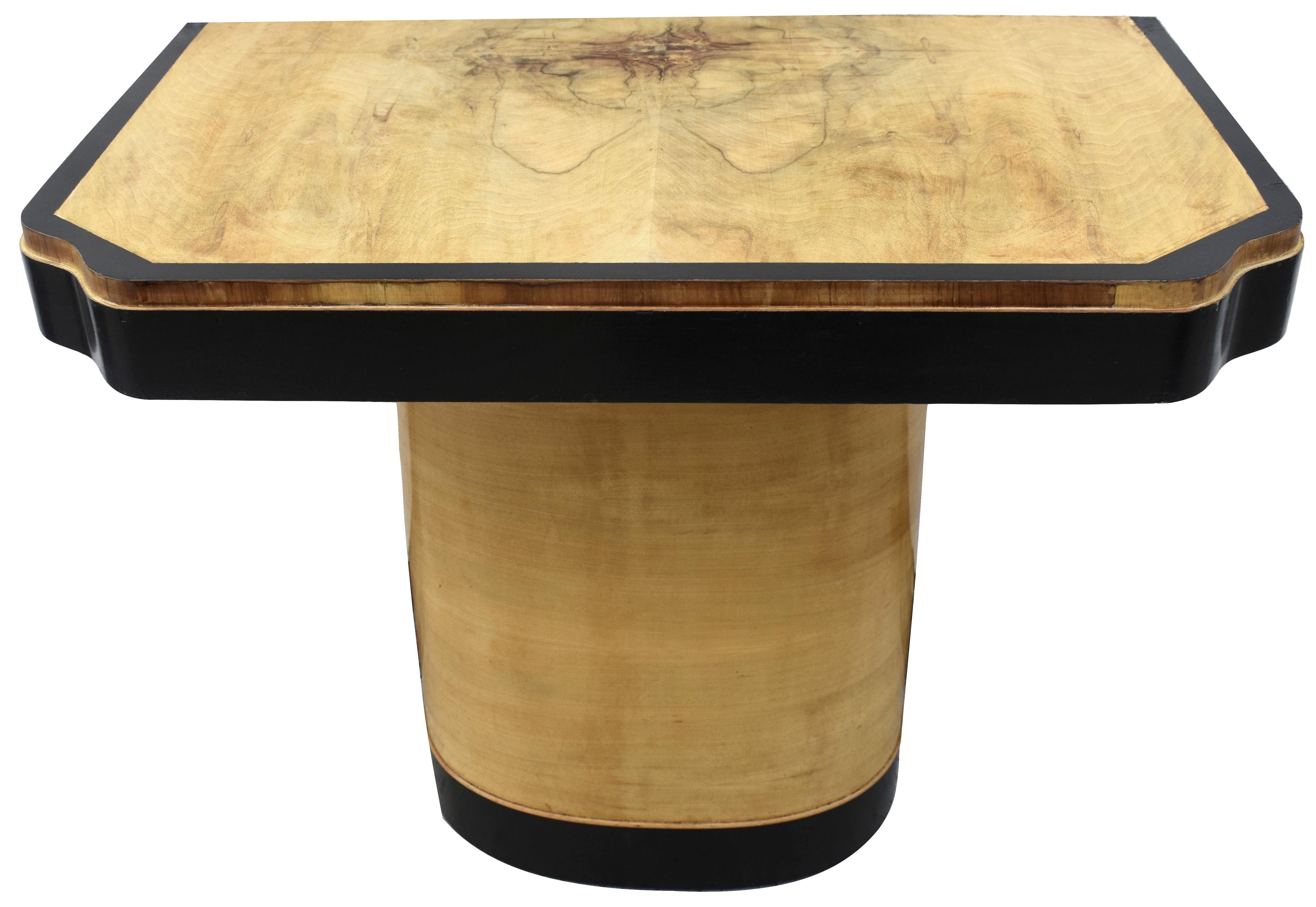 For your consideration are these matching pair of Console/side tables in a true blonde walnut veneer with ebonized banding. Originating from England and dating to the 1930's, very rare to find a matching pair. Great height and overall table size for