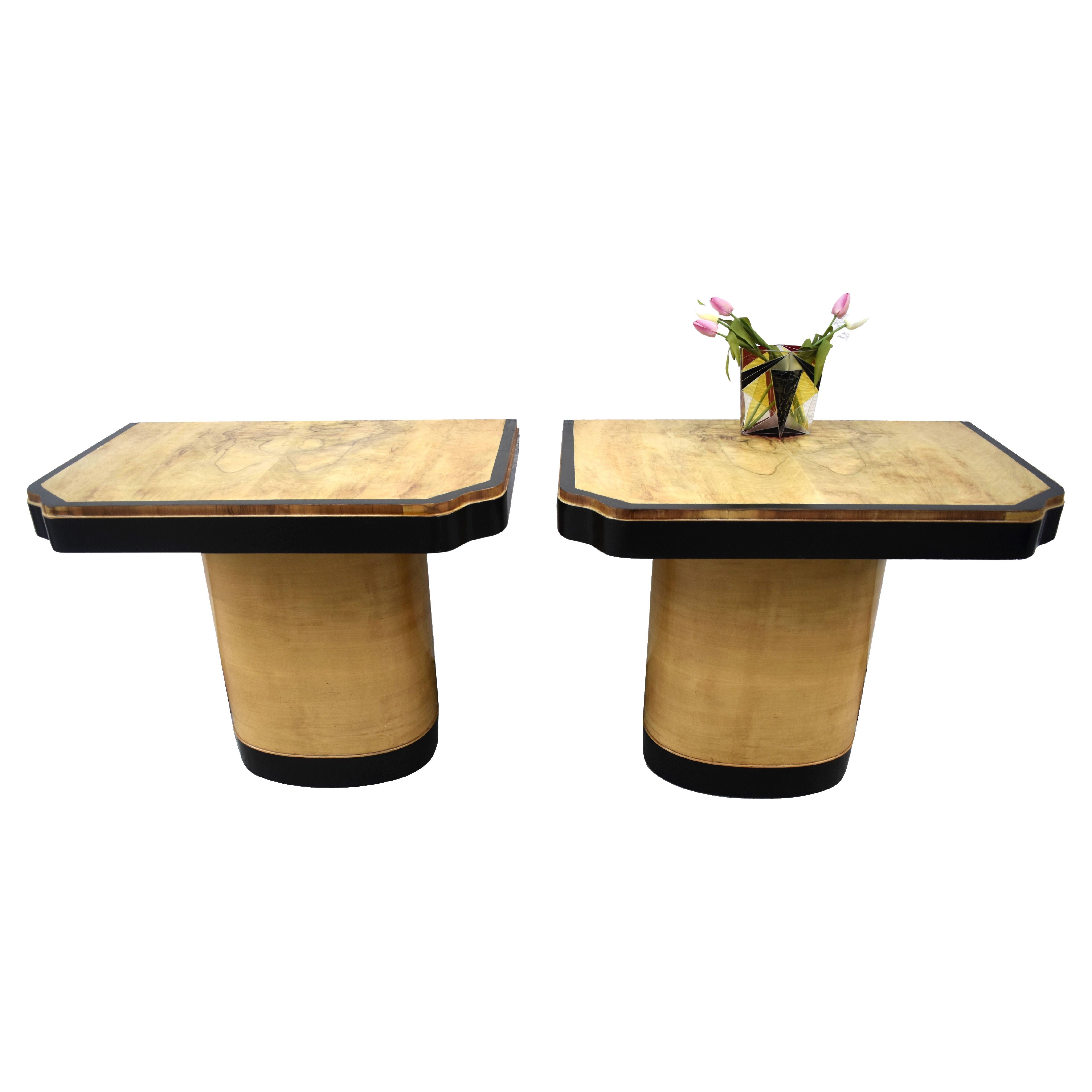 Art Deco Matching Pair of Blonde Console Side Tables, English, c1930