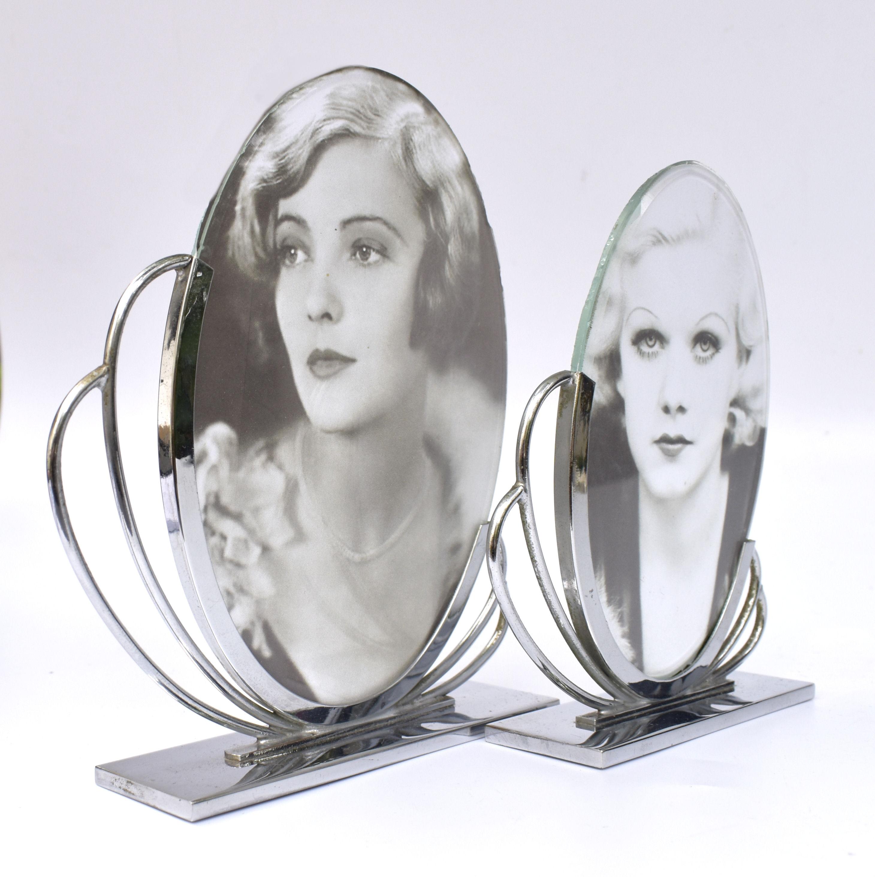 Glass Art Deco Matching Pair of Chrome Picture Frames, c1930
