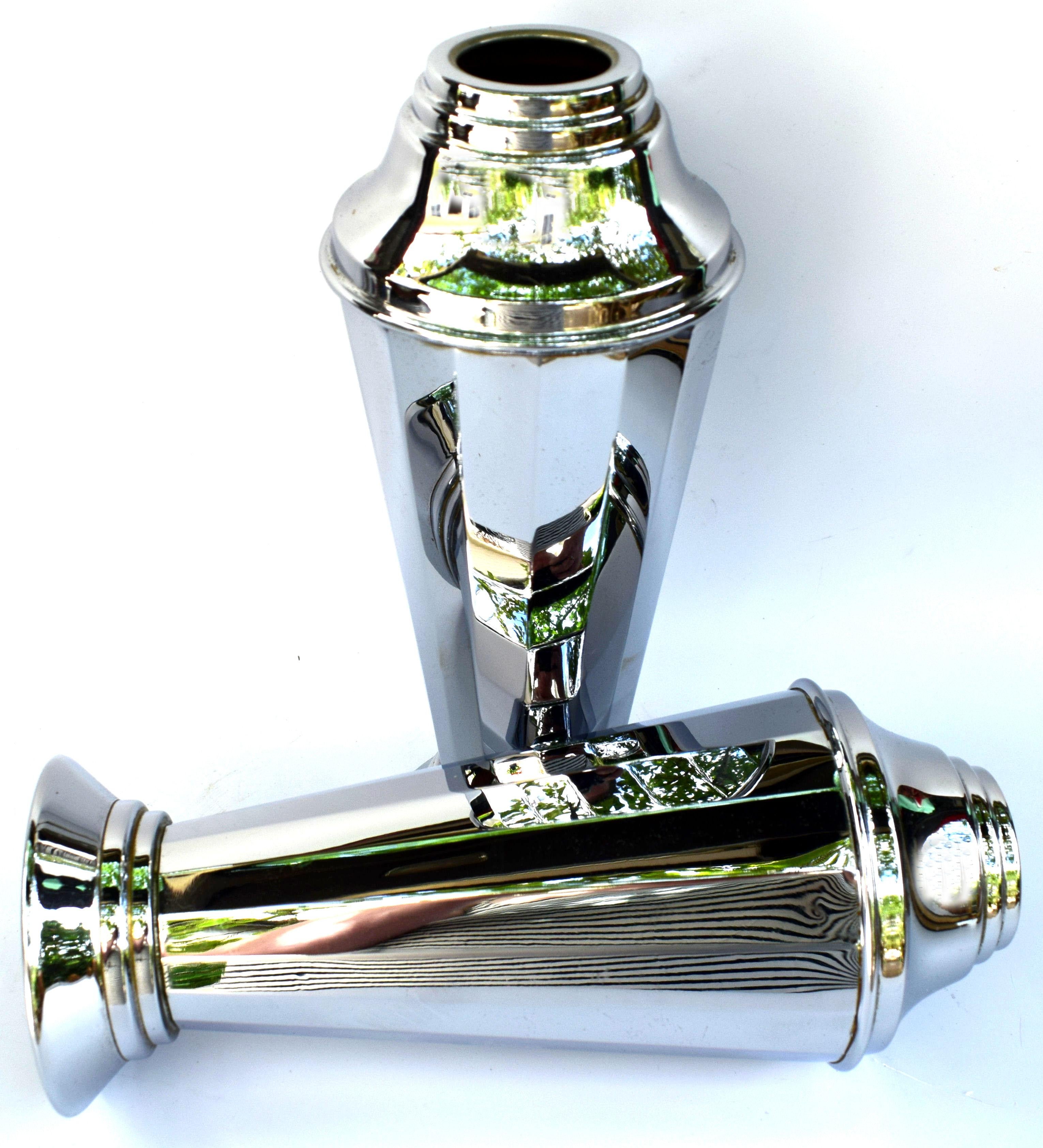 Staple diet of any Deco collection is chrome ware and these are a perfect addition featuring a matching pair of tall Art Deco chrome conical shaped vases with weighted bases. The chrome is in excellent condition showing only minor signs of use and