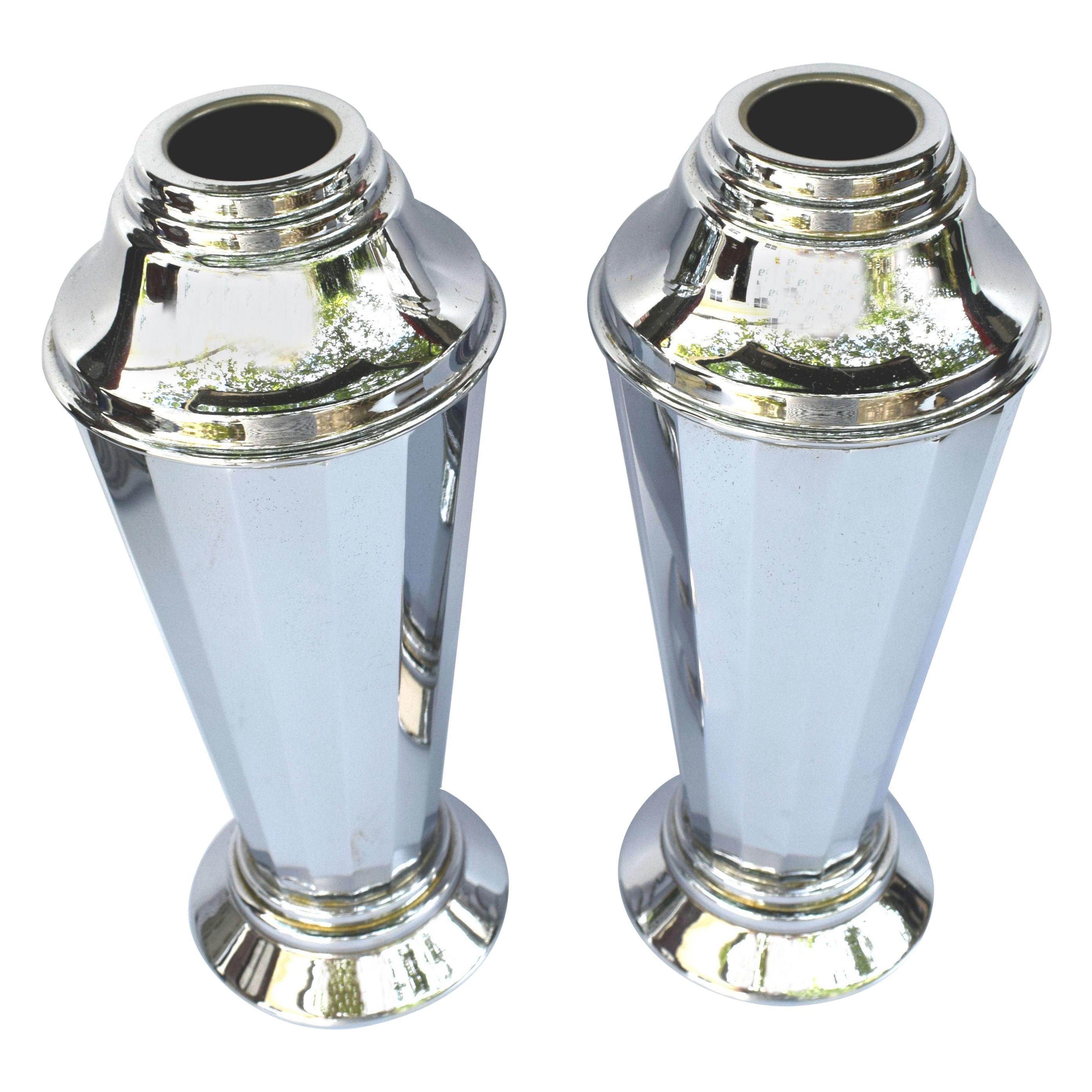 Art Deco Matching Pair Of Chrome Vases, circa 1930 For Sale