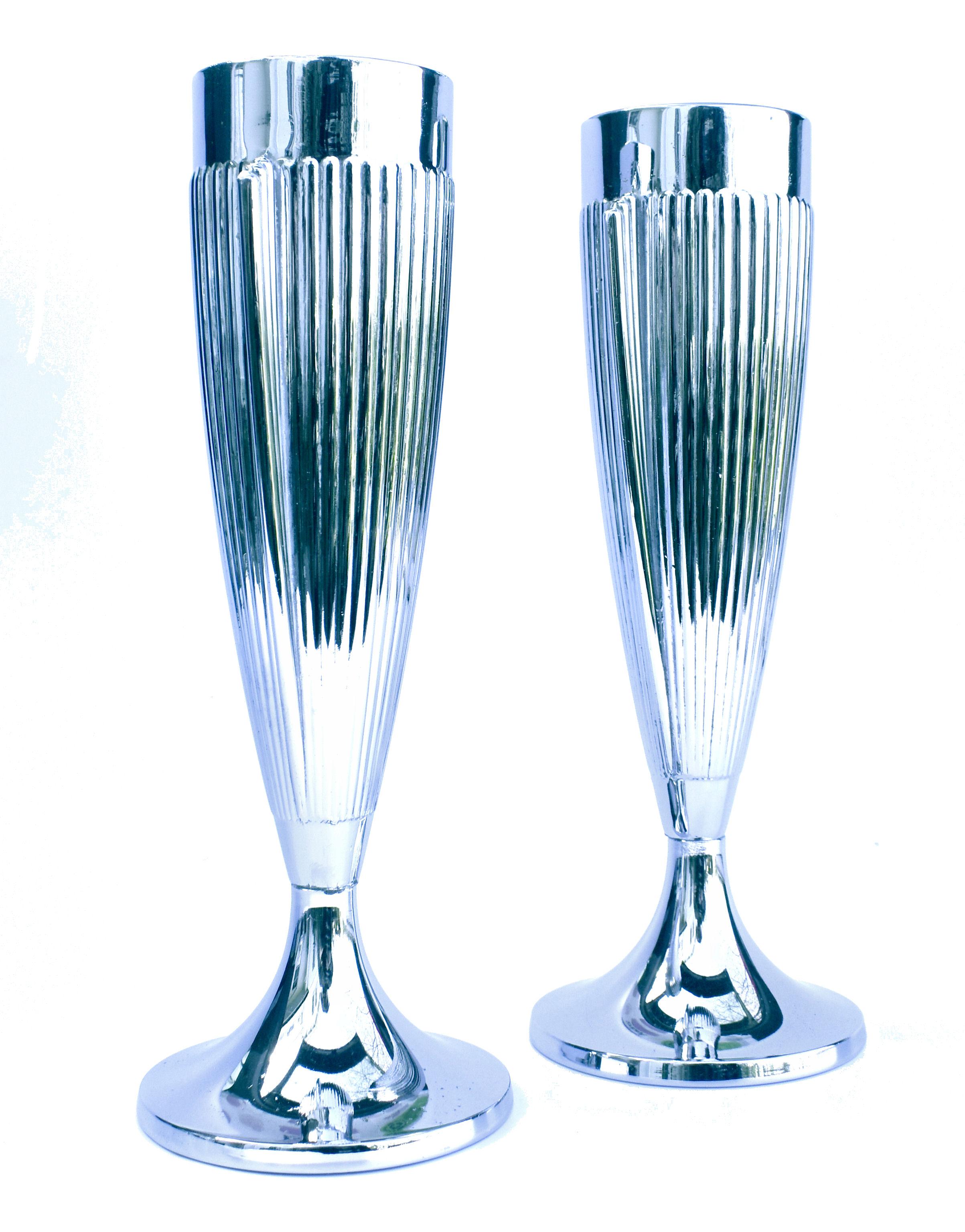 English Art Deco Matching Pair of Chrome Vases, England, c1930 For Sale
