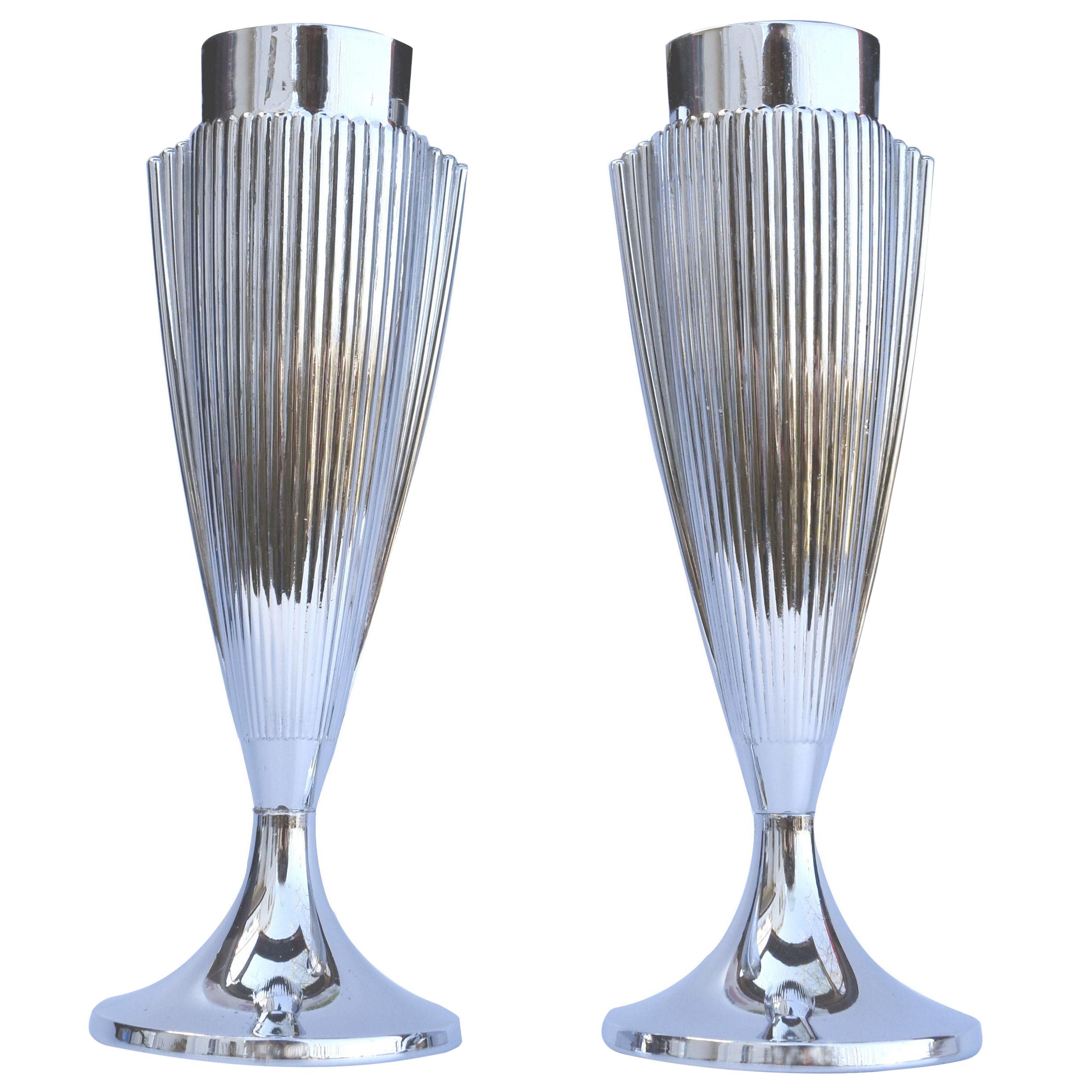 Art Deco Matching Pair of Chrome Vases, England, c1930