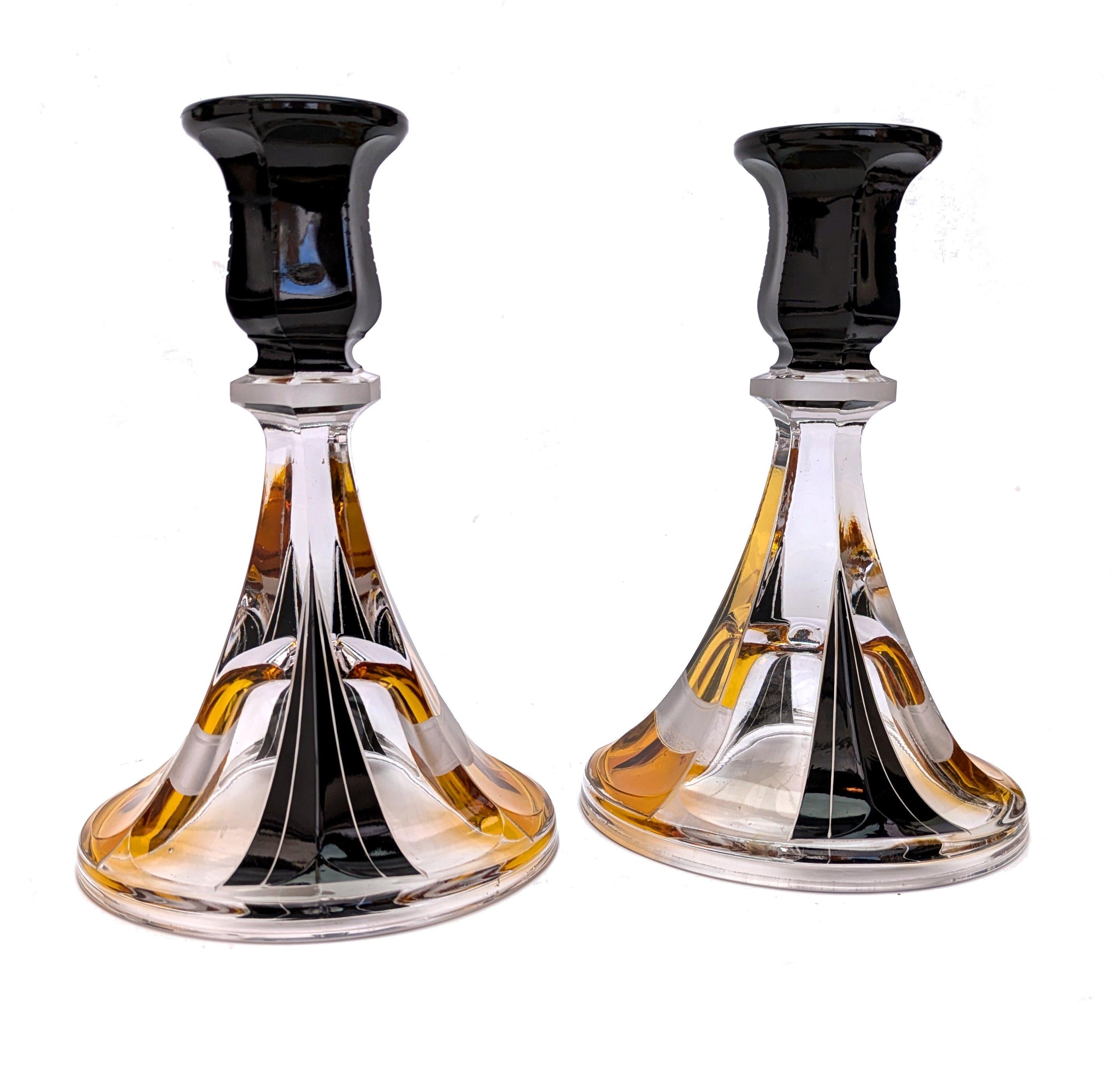 Superbly stylish and large sized pair of matching 1930s Art Deco candlesticks. Etched glass with enamel decoration in yellow & black enamel, these sticks are an absolute delight. In very good condition, no damage or oxidisation to the enamel. These