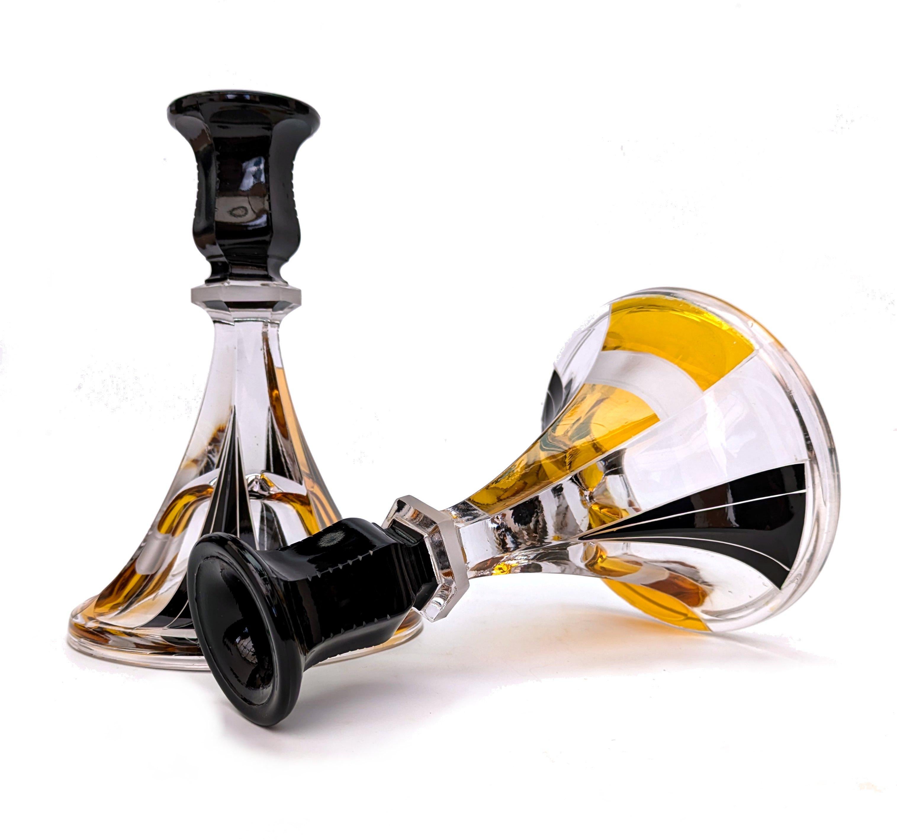 European Art Deco Matching Pair of Czech Glass & enamel Candlesticks, c1930 For Sale