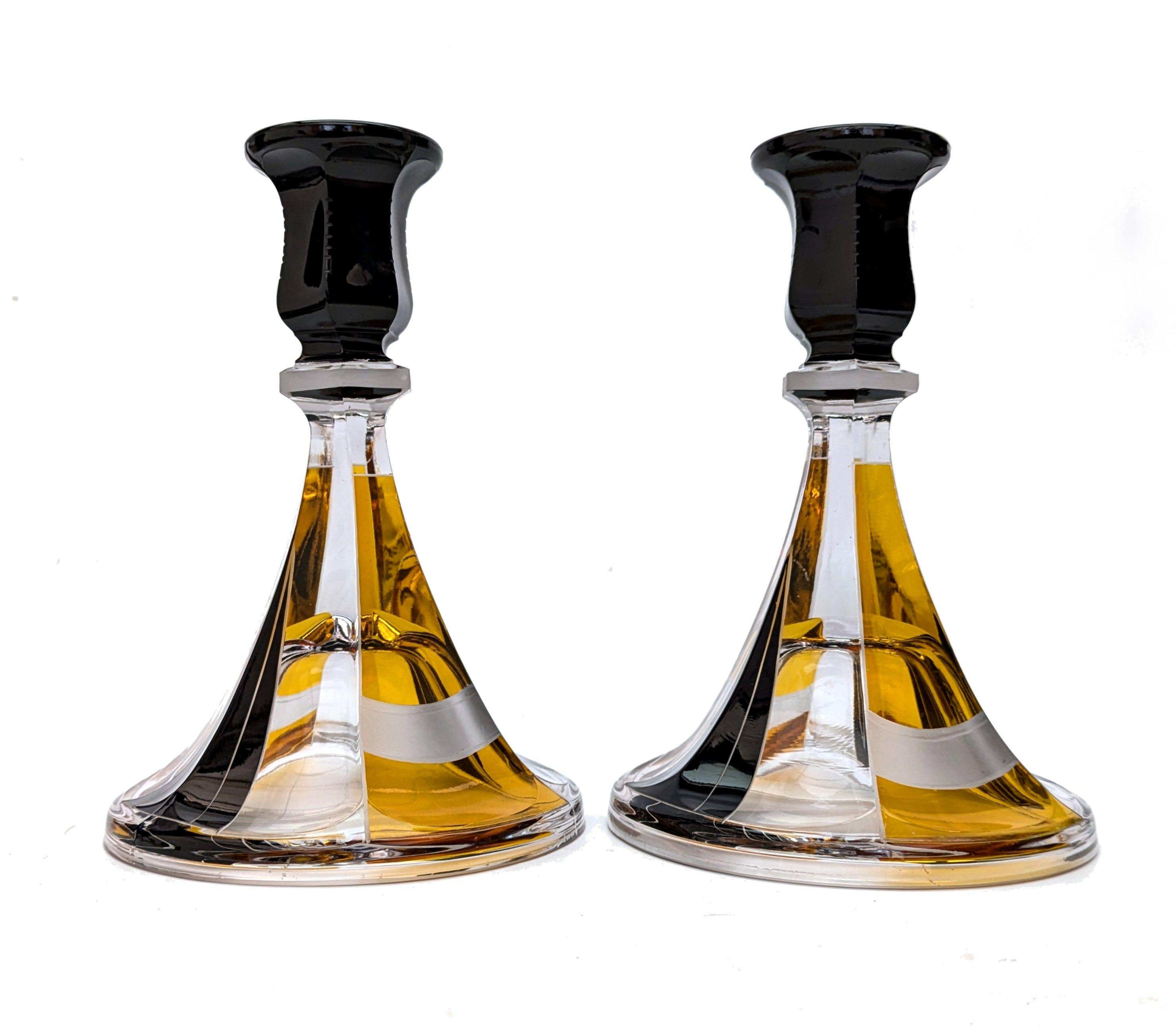Art Deco Matching Pair of Czech Glass & enamel Candlesticks, c1930 In Good Condition For Sale In Devon, England