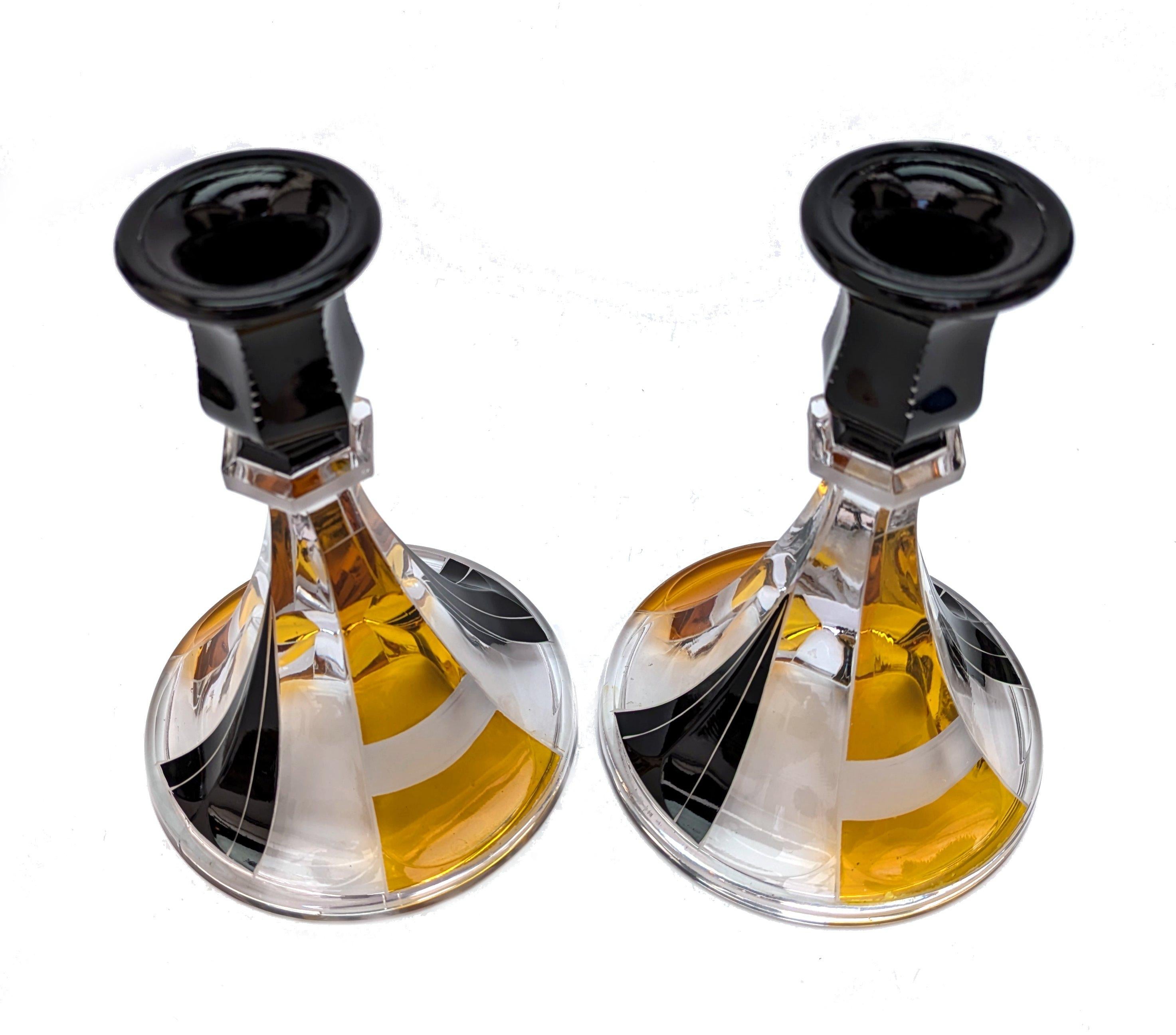 20th Century Art Deco Matching Pair of Czech Glass & enamel Candlesticks, c1930 For Sale
