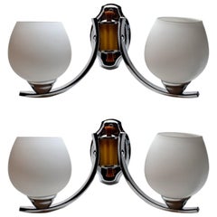 Art Deco Matching Pair of Double-Chrome and Bakelite Wall Light Sconces