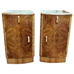 Art Deco Matching Pair of English Walnut Bedside Cabinets Nightstands circa 1930