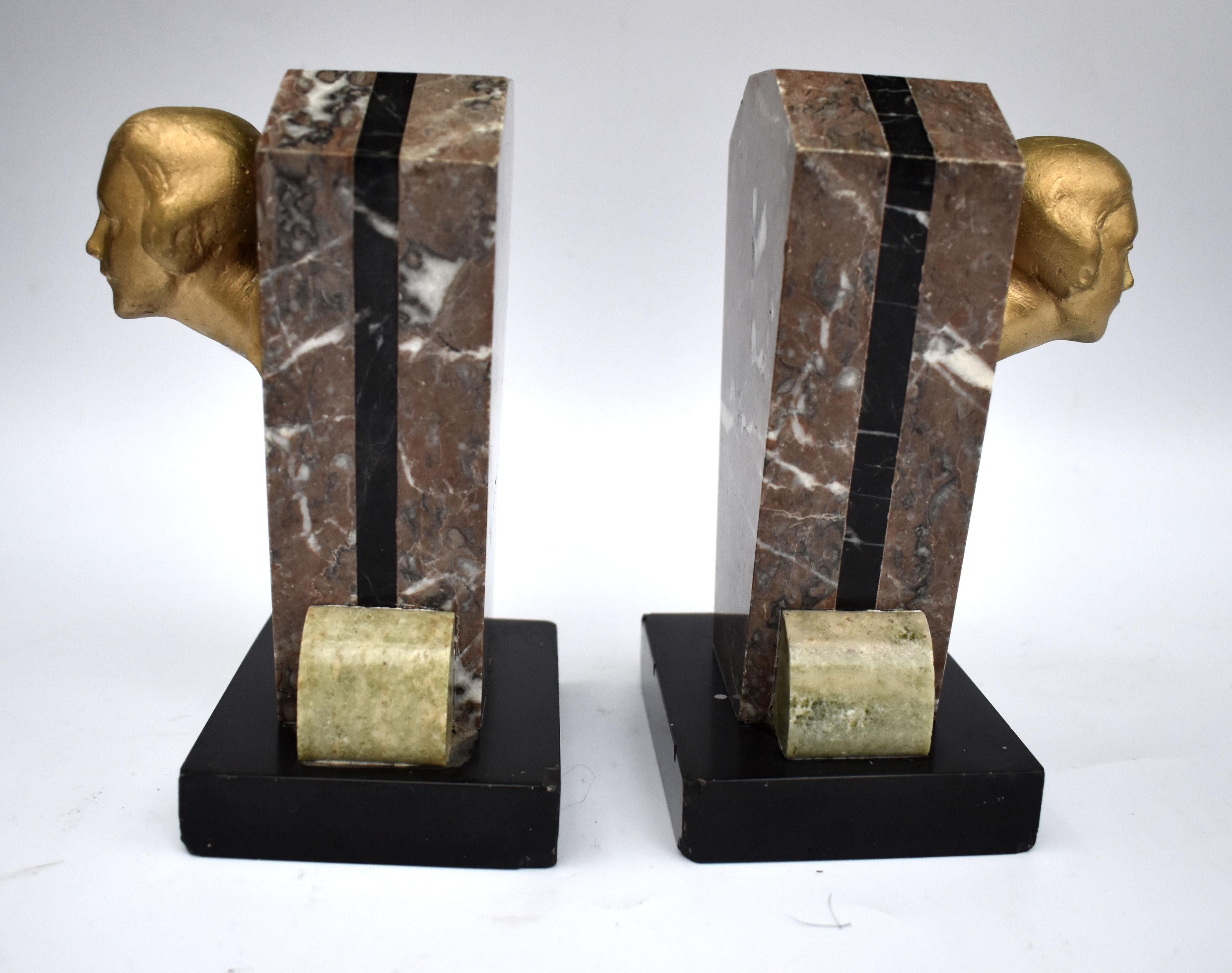French Art Deco Matching Pair of Figural Bookends, Marble, c1930's For Sale