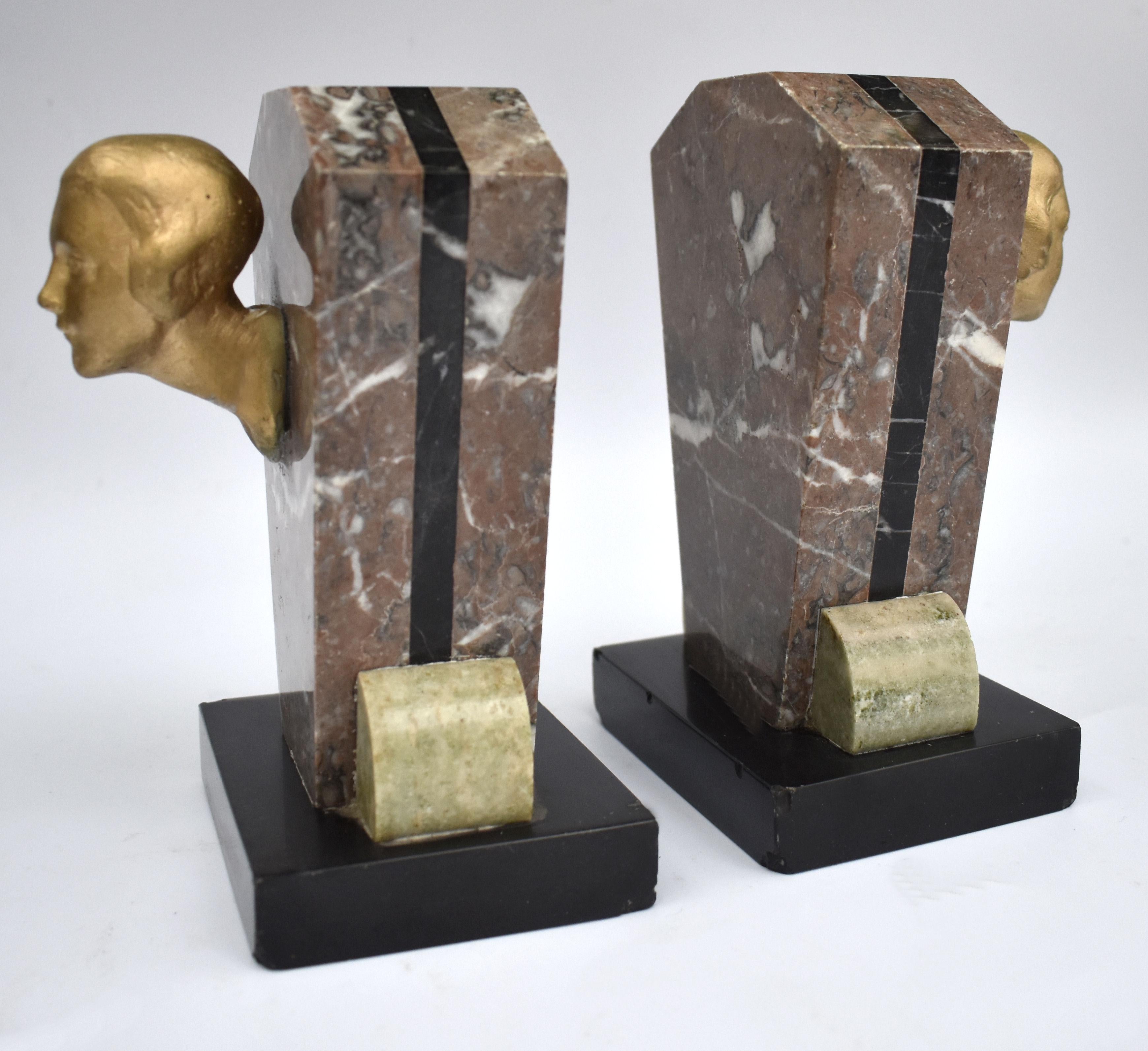 20th Century Art Deco Matching Pair of Figural Bookends, Marble, c1930's For Sale