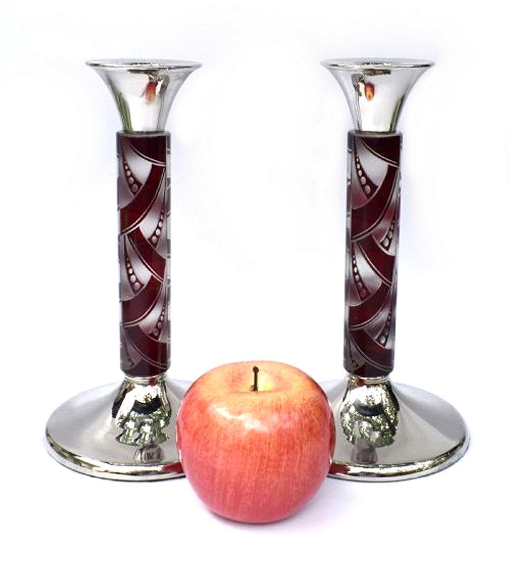 Smaltato Coppia di candelieri in nichel-argento e vetro in stile Art Déco, 1930 ca. in vendita