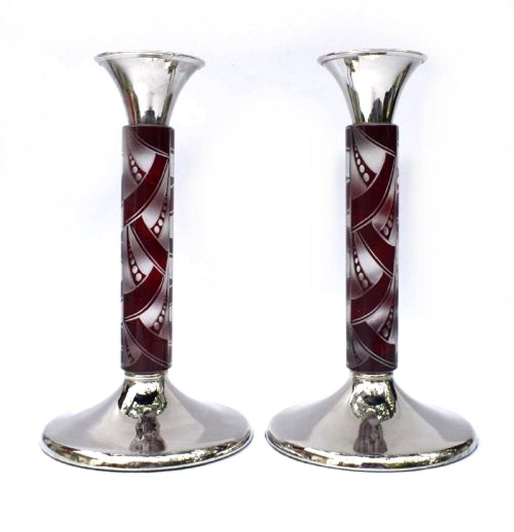 XX secolo Coppia di candelieri in nichel-argento e vetro in stile Art Déco, 1930 ca. in vendita