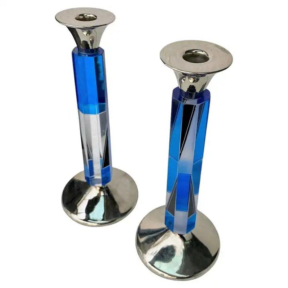 Coppia di candelieri in nichel-argento e vetro in stile Art Déco, 1930 ca. in vendita 1