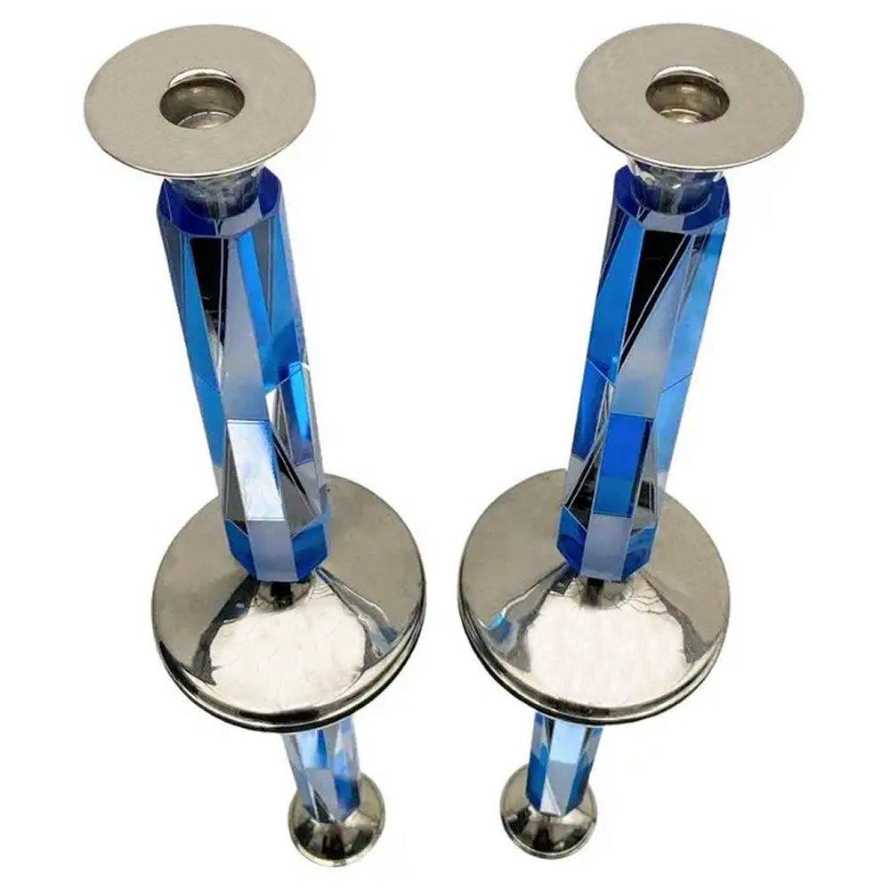 Coppia di candelieri in nichel-argento e vetro in stile Art Déco, 1930 ca. in vendita 2