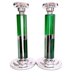 Art Deco Matching Pair of Nickel-Silver & Glass Candlesticks, c1930