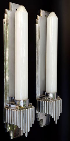 Art Deco Matching Pair of Skyscraper Wall Light Sconces, circa 1930