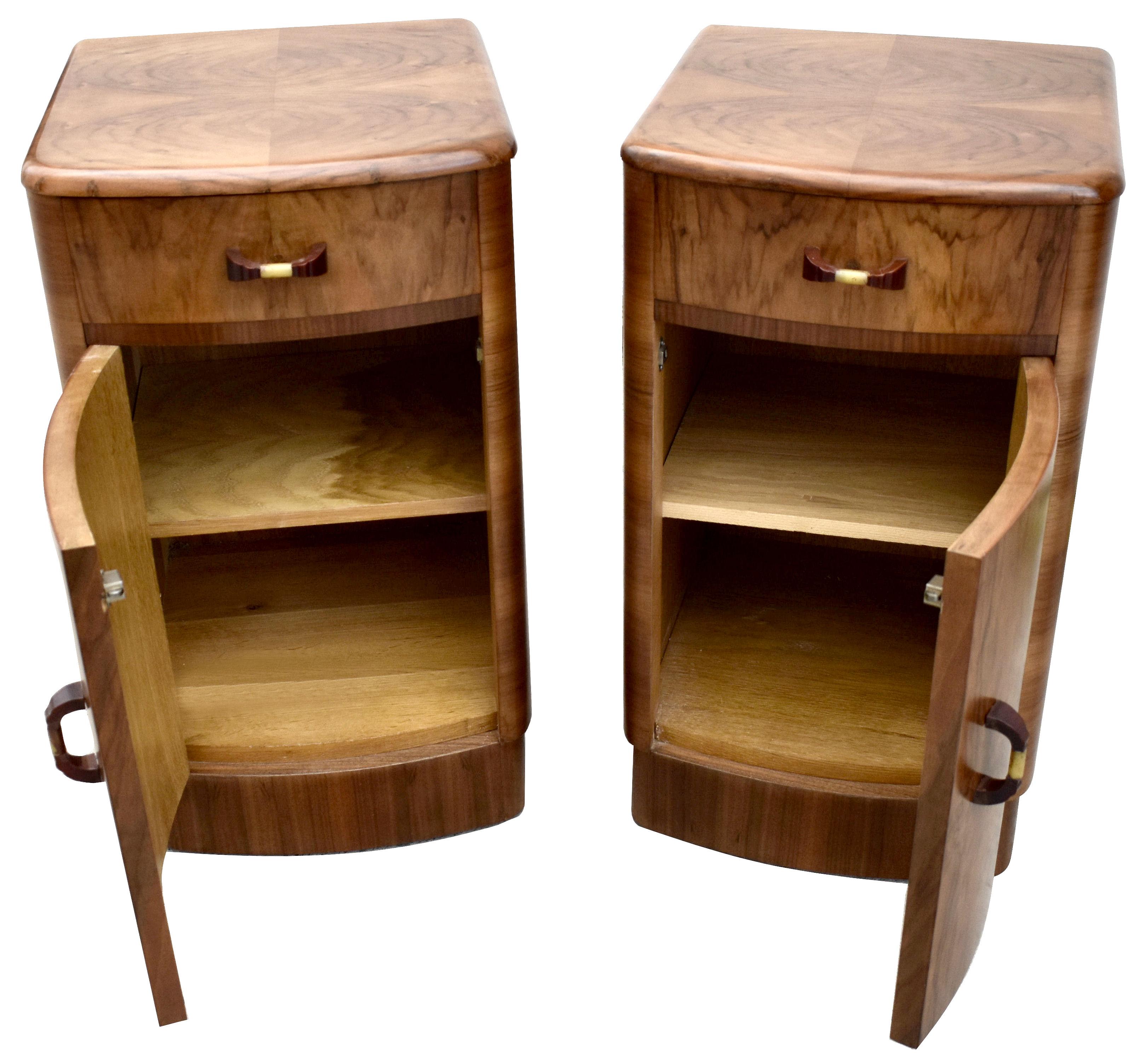 20th Century Art Deco Matching Pair of Walnut Bedside Cabinets Night Stands, English, c 1930
