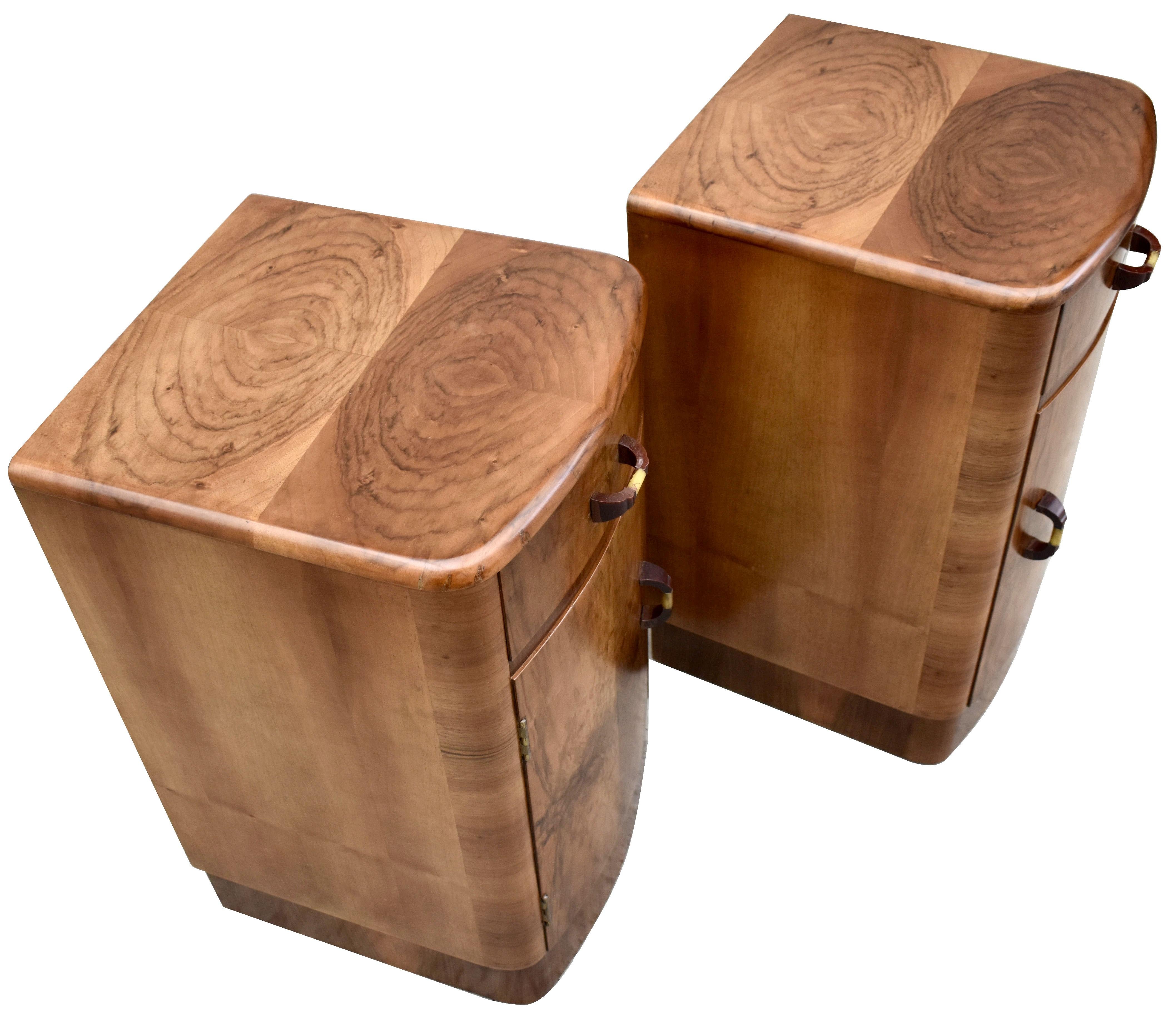 Art Deco Matching Pair of Walnut Bedside Cabinets Night Stands, English, c 1930 3