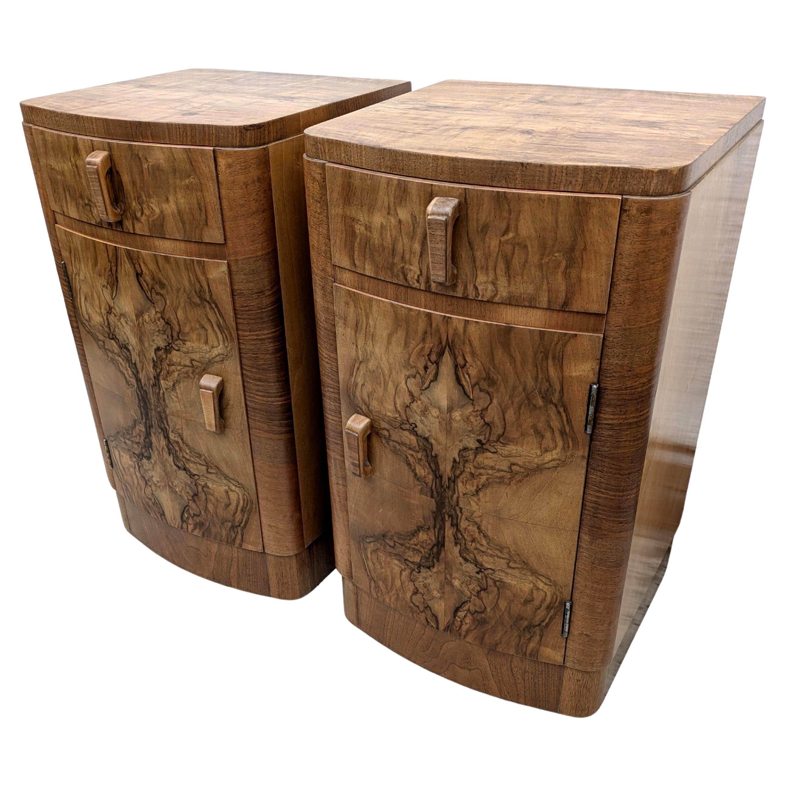 Art Deco Matching Pair of Walnut Bedside Cabinets Night Stands, English, c1930 5