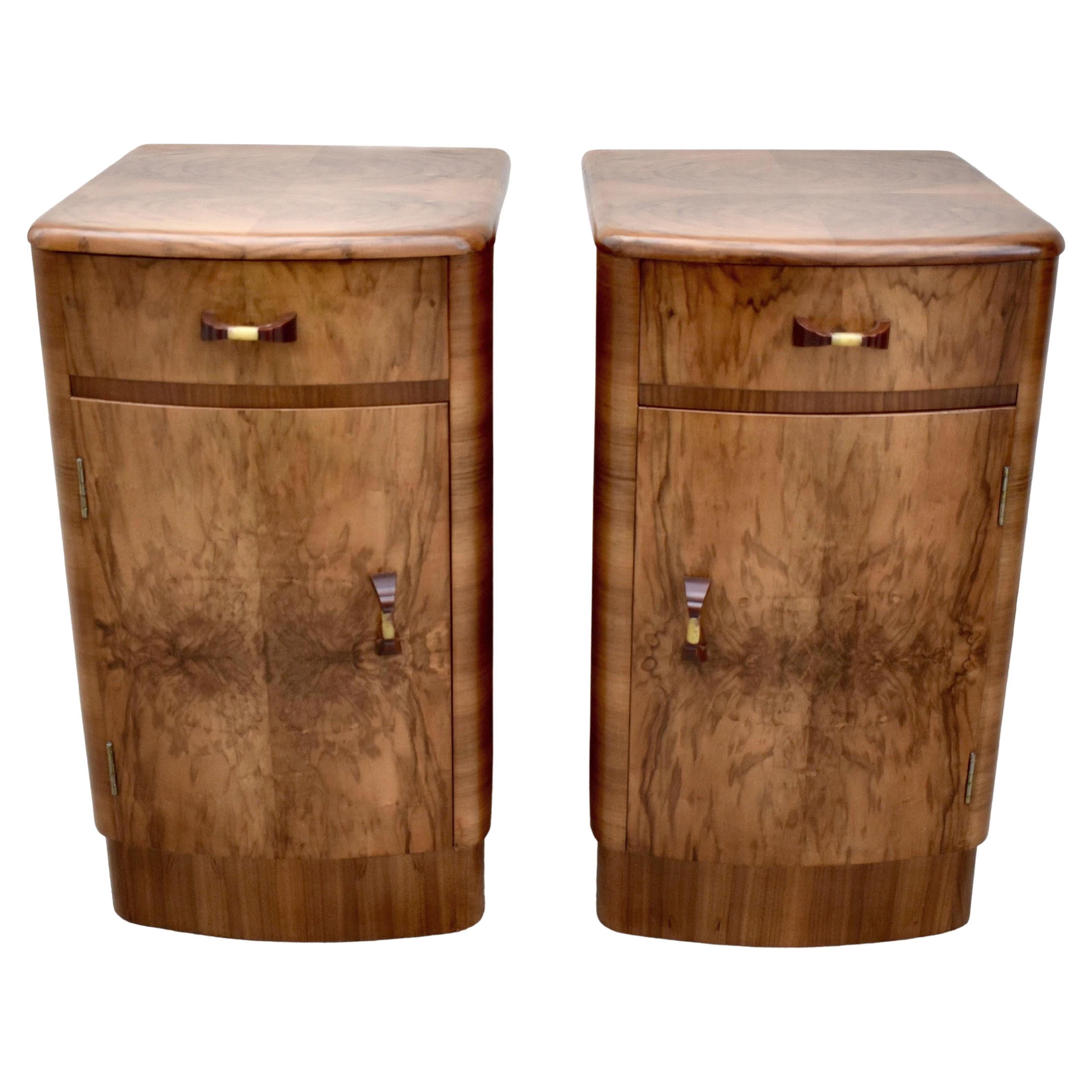 Art Deco Matching Pair of Walnut Bedside Cabinets Night Stands, English, c 1930