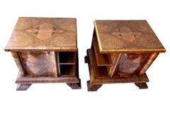 Art Deco Matching Pair Of Walnut Nightstands, Bedside Cabinets, French, c1930