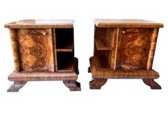 Art Deco Matching Pair Of Walnut Nightstands, Bedside Cabinets, French, c1930