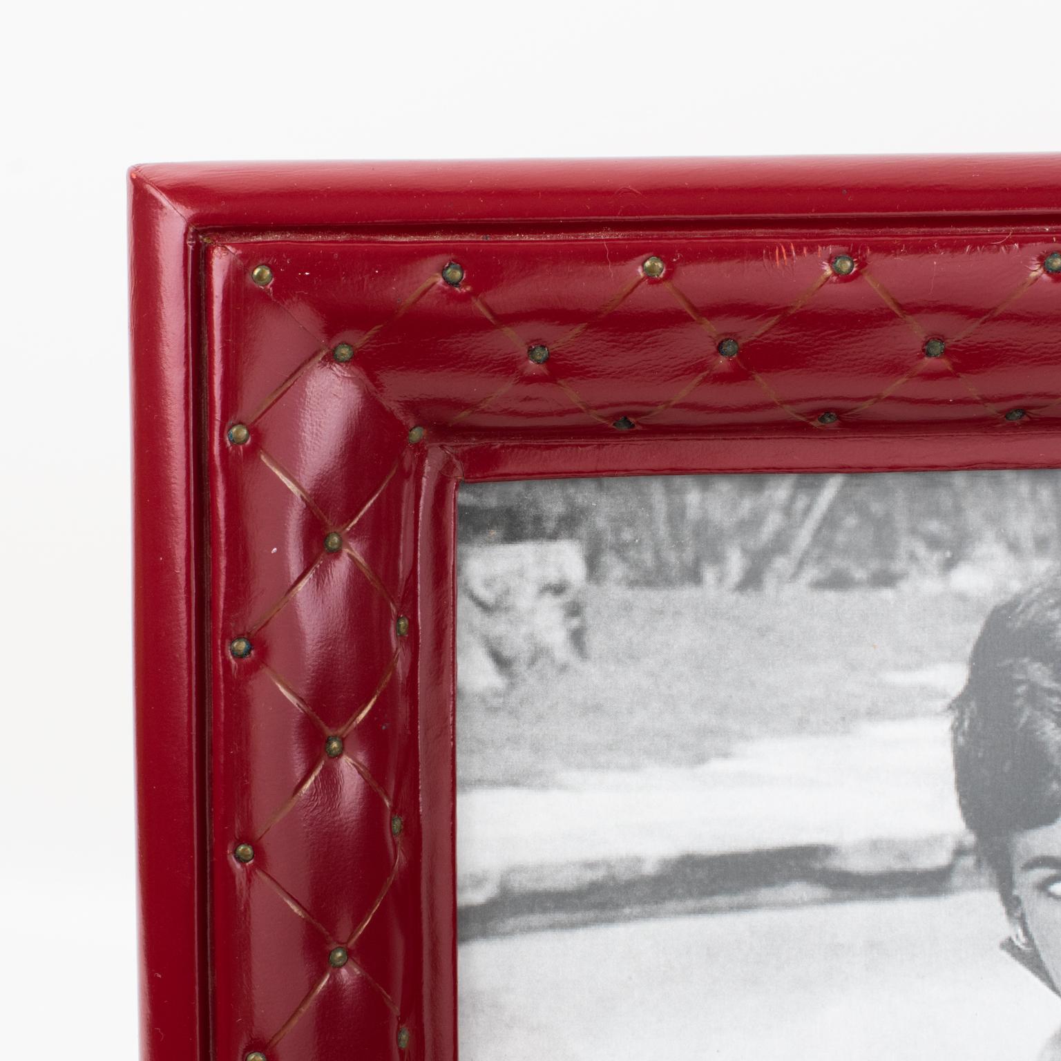 Metal Art Deco Matelassé Red Leather Picture Frame, France 1940s