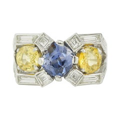Art Deco Mauboussin Platinum Non Heated Blue & Yellow Sapphires & diamonds Ring