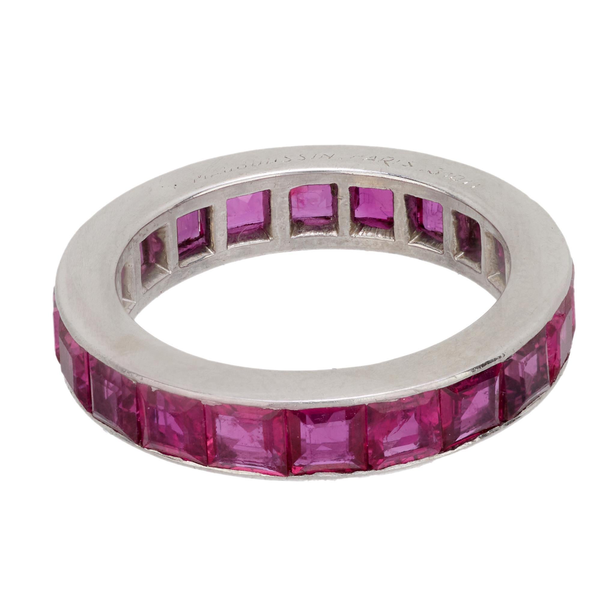 Baguette Cut Art Deco Mauboussin ruby platinum eternity ring For Sale