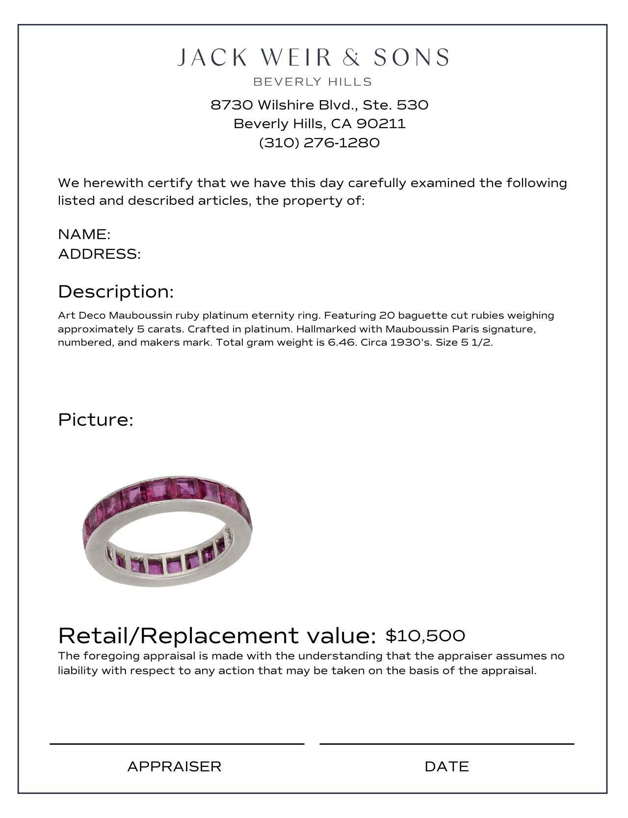Art Deco Mauboussin ruby platinum eternity ring In Good Condition For Sale In Beverly Hills, CA