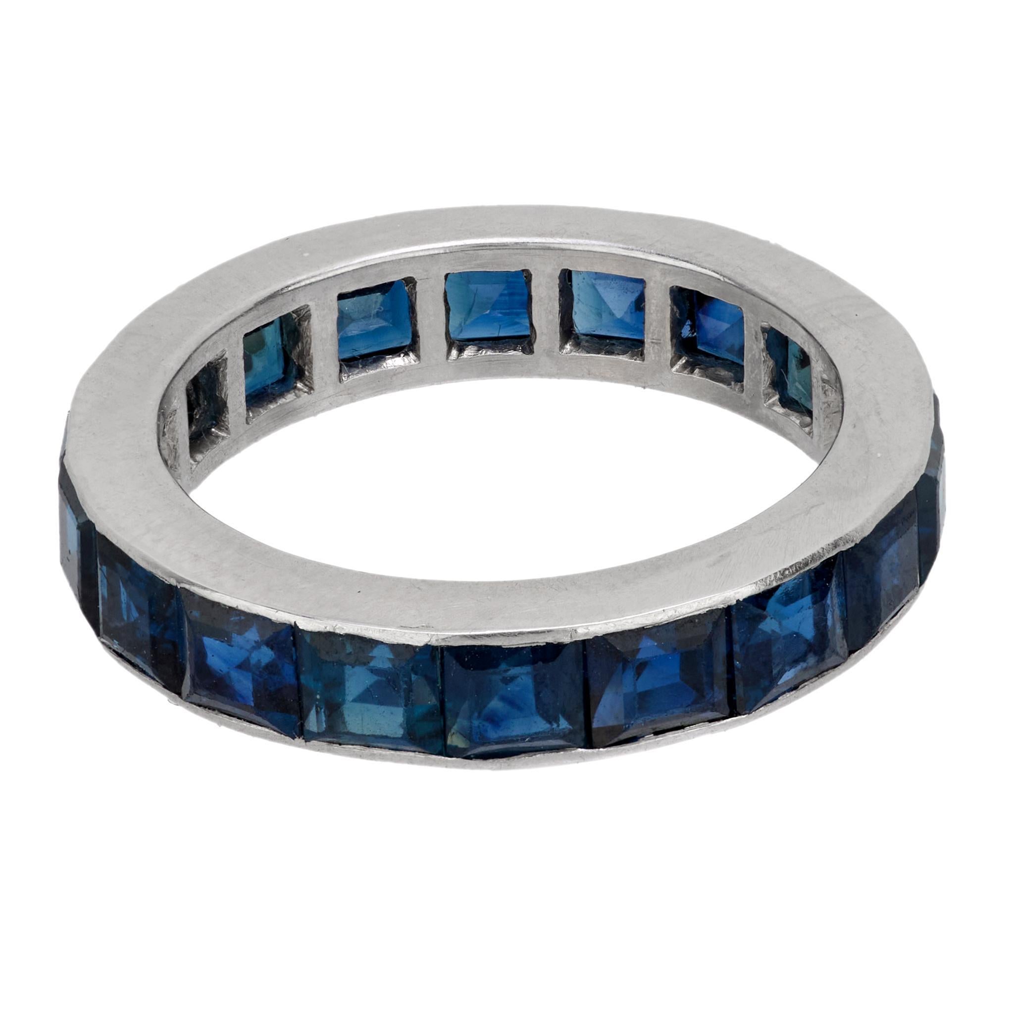 Baguette Cut Art Deco Mauboussin sapphire platinum eternity ring For Sale