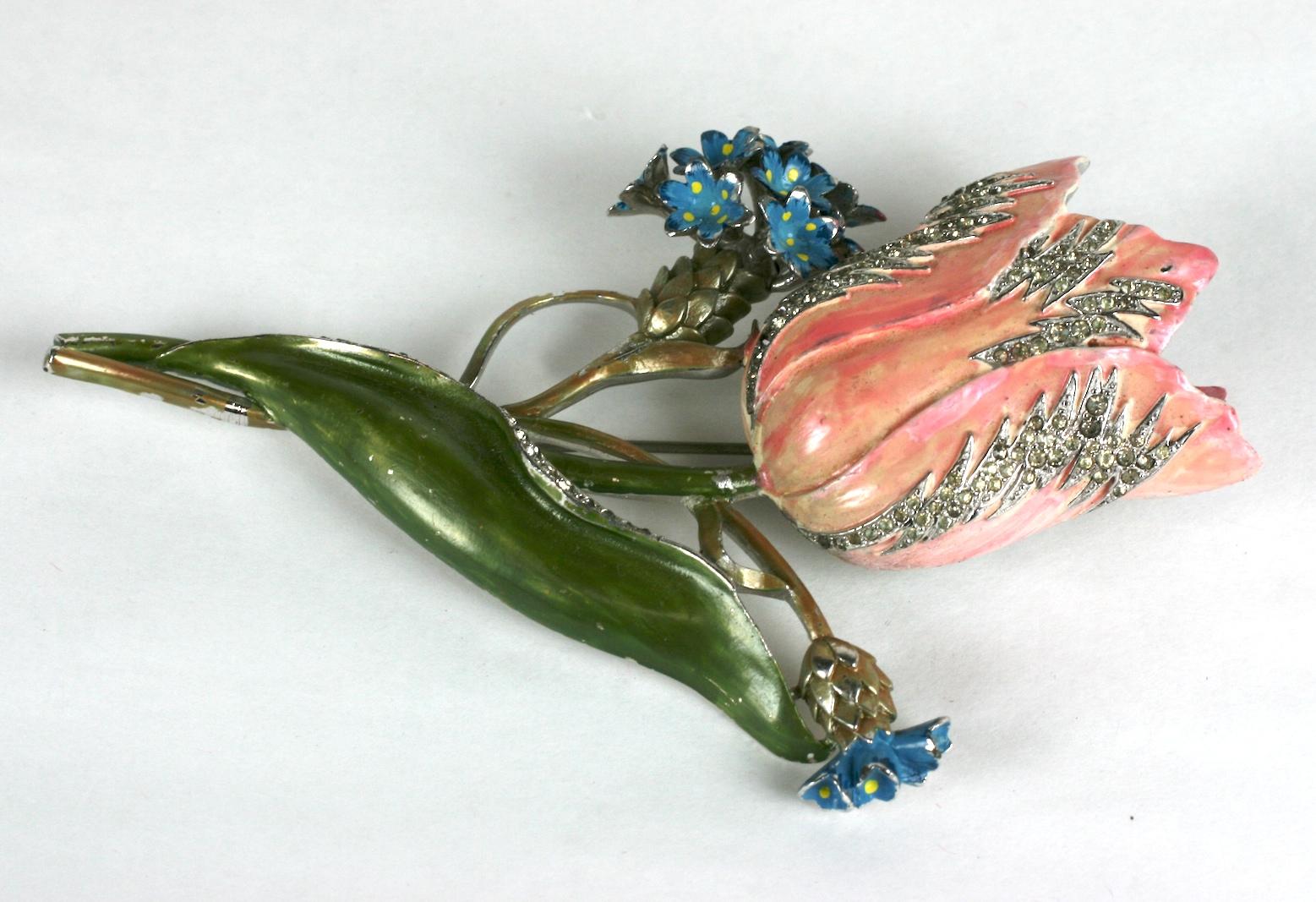 Art Deco Mazer Enamel Pink Tulip Brooch In Excellent Condition For Sale In New York, NY