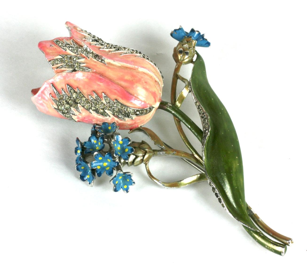 Women's or Men's Art Deco Mazer Enamel Pink Tulip Brooch For Sale
