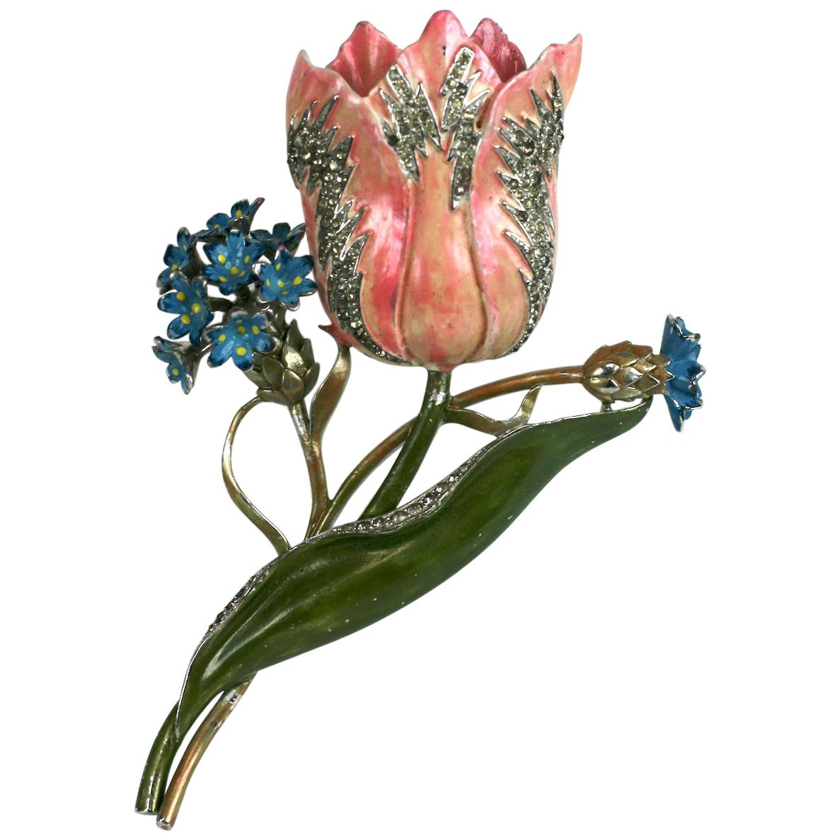 Broche tulipe rose en émail Mazer Art Déco