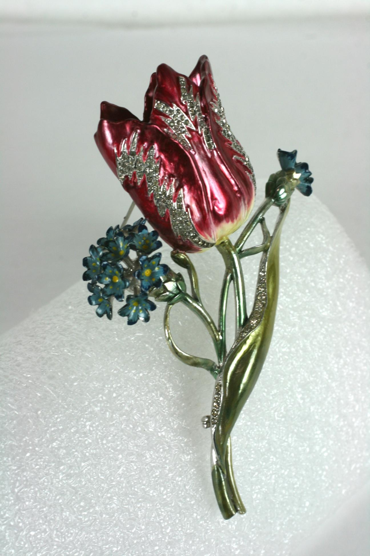 blue and red flower brooch Vintage enamel flower brooch 80s brooch tulip brooch