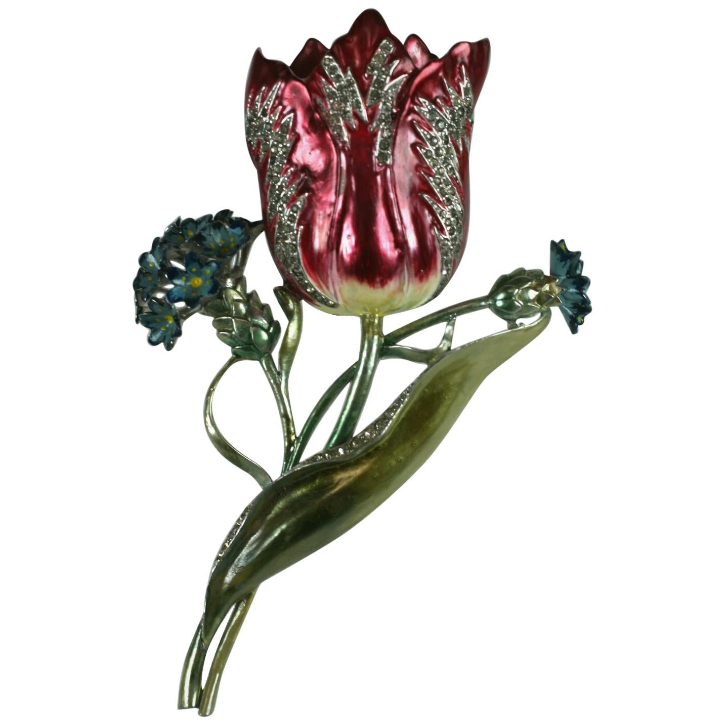 80s brooch blue and red flower brooch tulip brooch Vintage enamel flower brooch