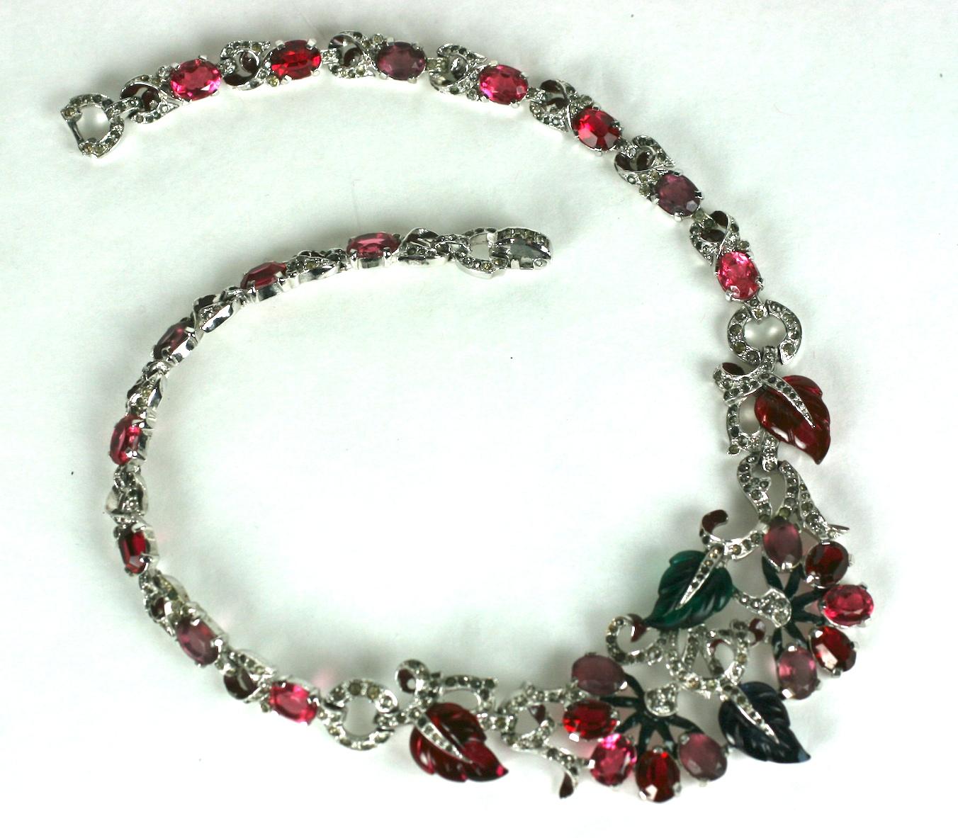 Mazer Fruit Salad Necklace from the 1930's. Elaborate floral designs of amythest, ruby and pale pink paste stones accented with enamel and fruit salad 