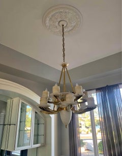 Art Deco Alabaster and Brass 12-Light Chandelier & Sconces, 1980