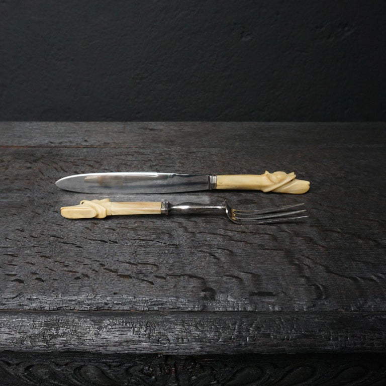 Art Deco Meat Carving Set Knife and Fork, Thiers, Dogs Heads in Carved