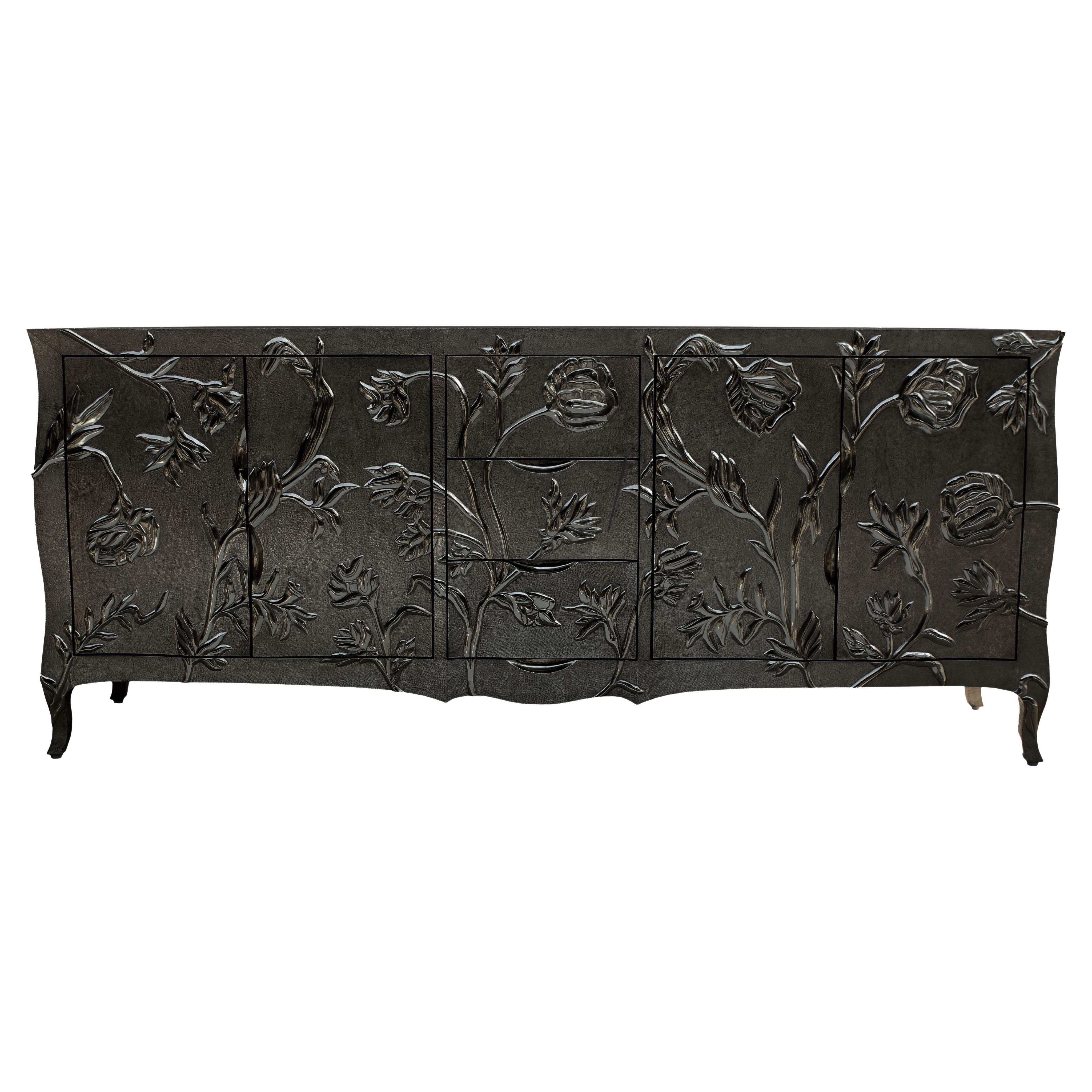 Art Deco Med. Hammered Antq. Bronze Louise Floral Credenza – Carved