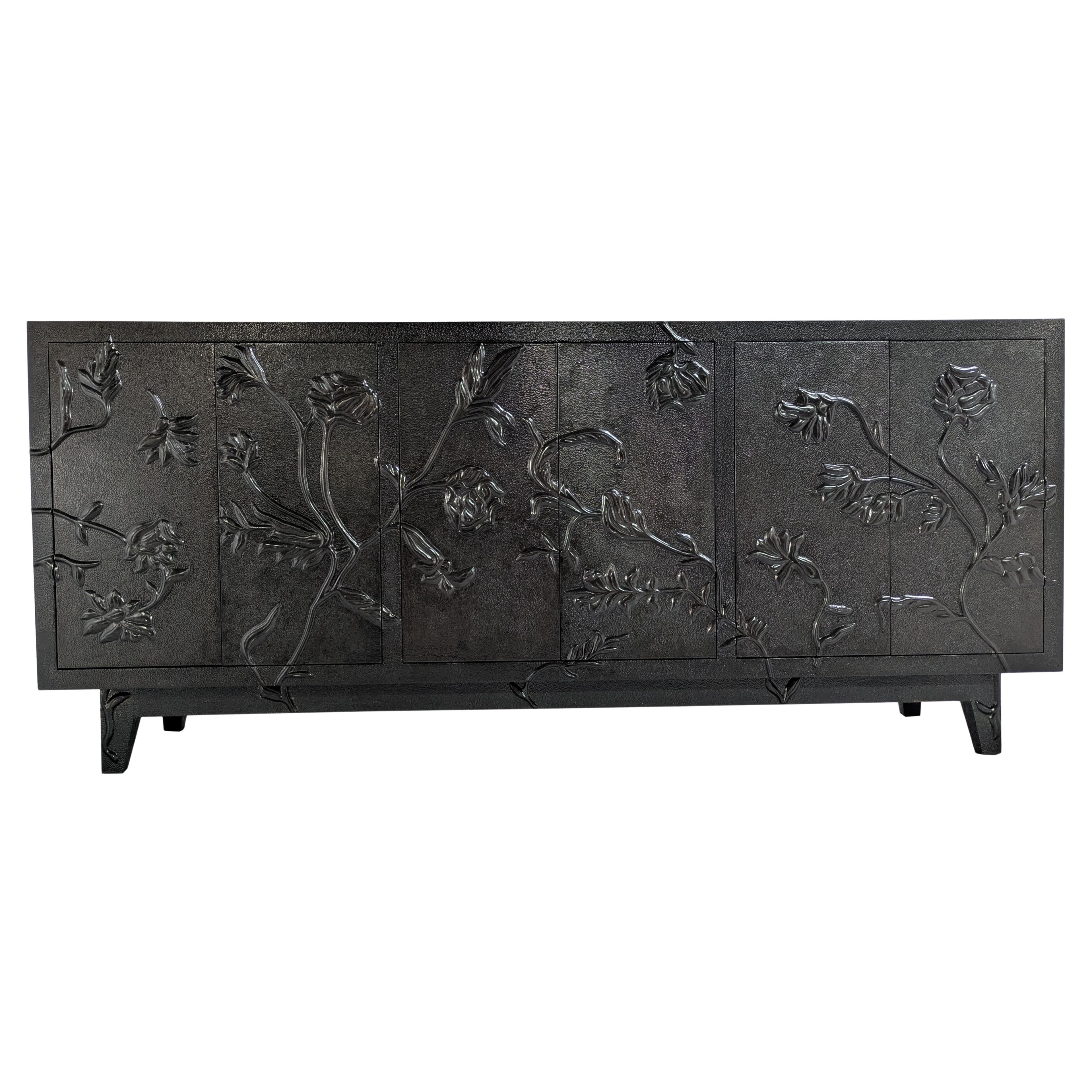 Art Deco Med. Hammered Antq. Bronze Sideboard – Metal Clad Floral Credenza